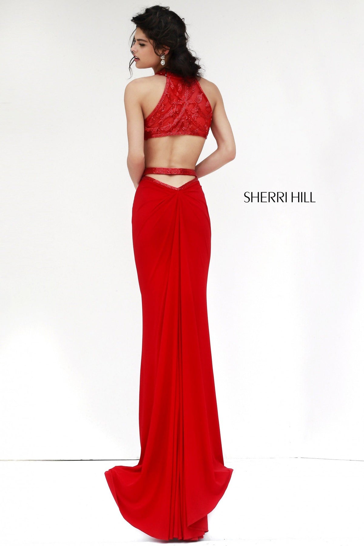 Sherri Hill 11124 halter beaded fitted dress with cutouts