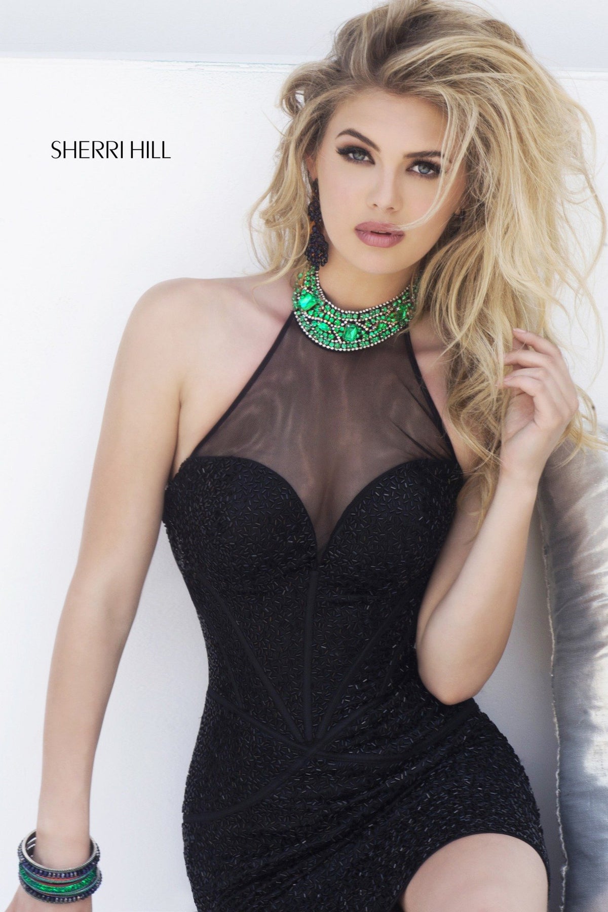 Sherri Hill 11167 halter fitted cocktail dress with beaded neckline in black/emerald