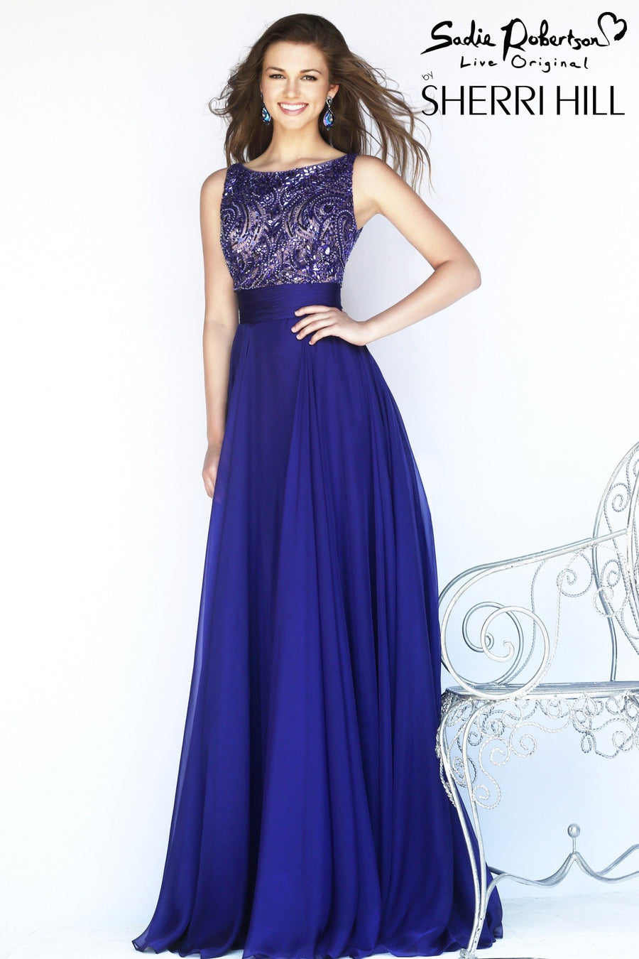 Sherri Hill style 11170 in royal, Cap-Sleeve Beaded Bodice Chiffon Gown