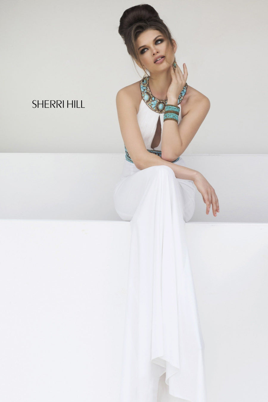 Sherri Hill style 11173 in ivory/multi, Chiffon Gown with Beaded Neckline