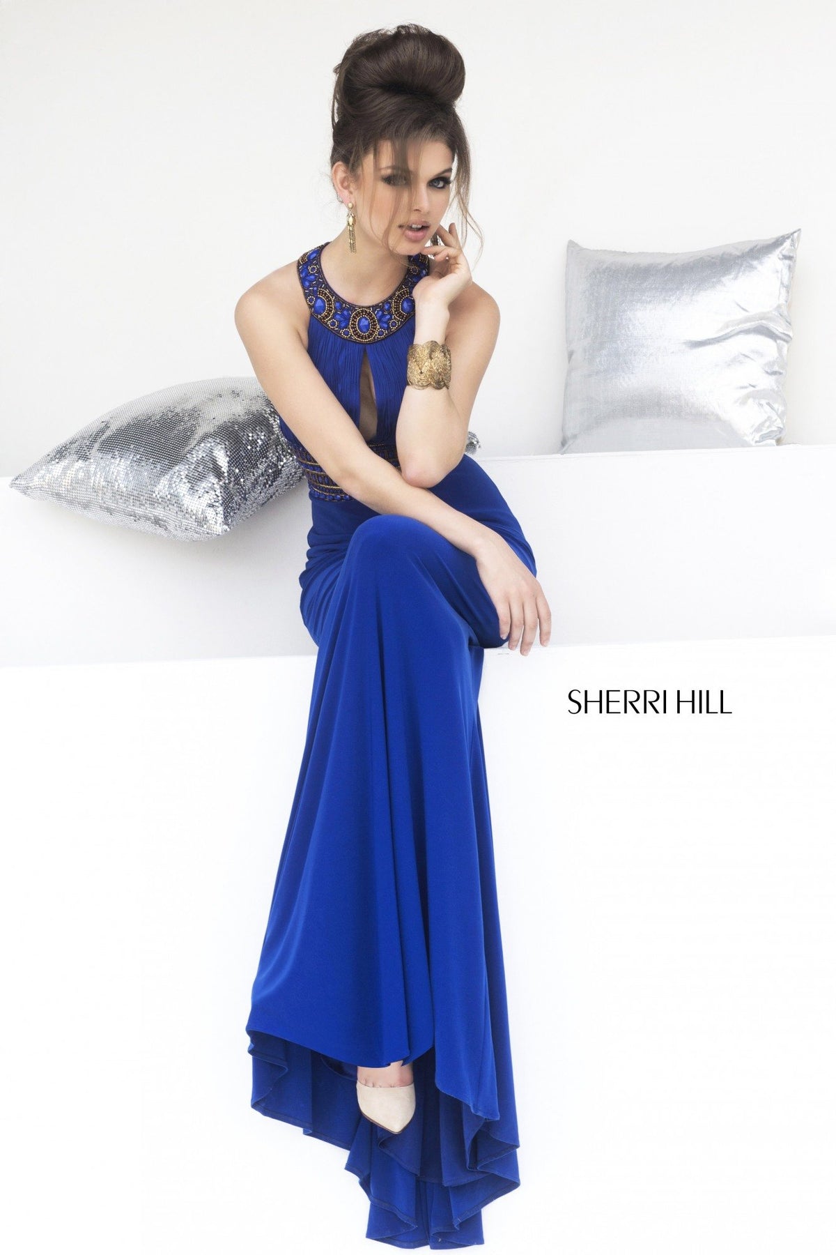 Sherri Hill 11173 chiffon gown with beaded neckline in royal