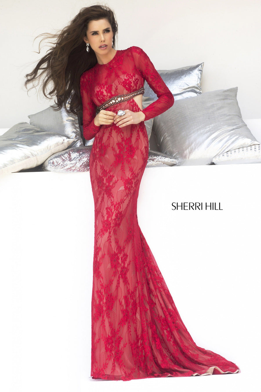 Sherri Hill style 32003 in black/nude, Long-Sleeve Lace Fitted Gown