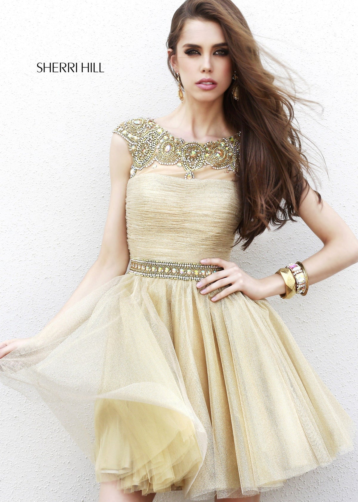 Sherri Hill 32007 cap-sleeve cocktail dress with beaded waist in gold