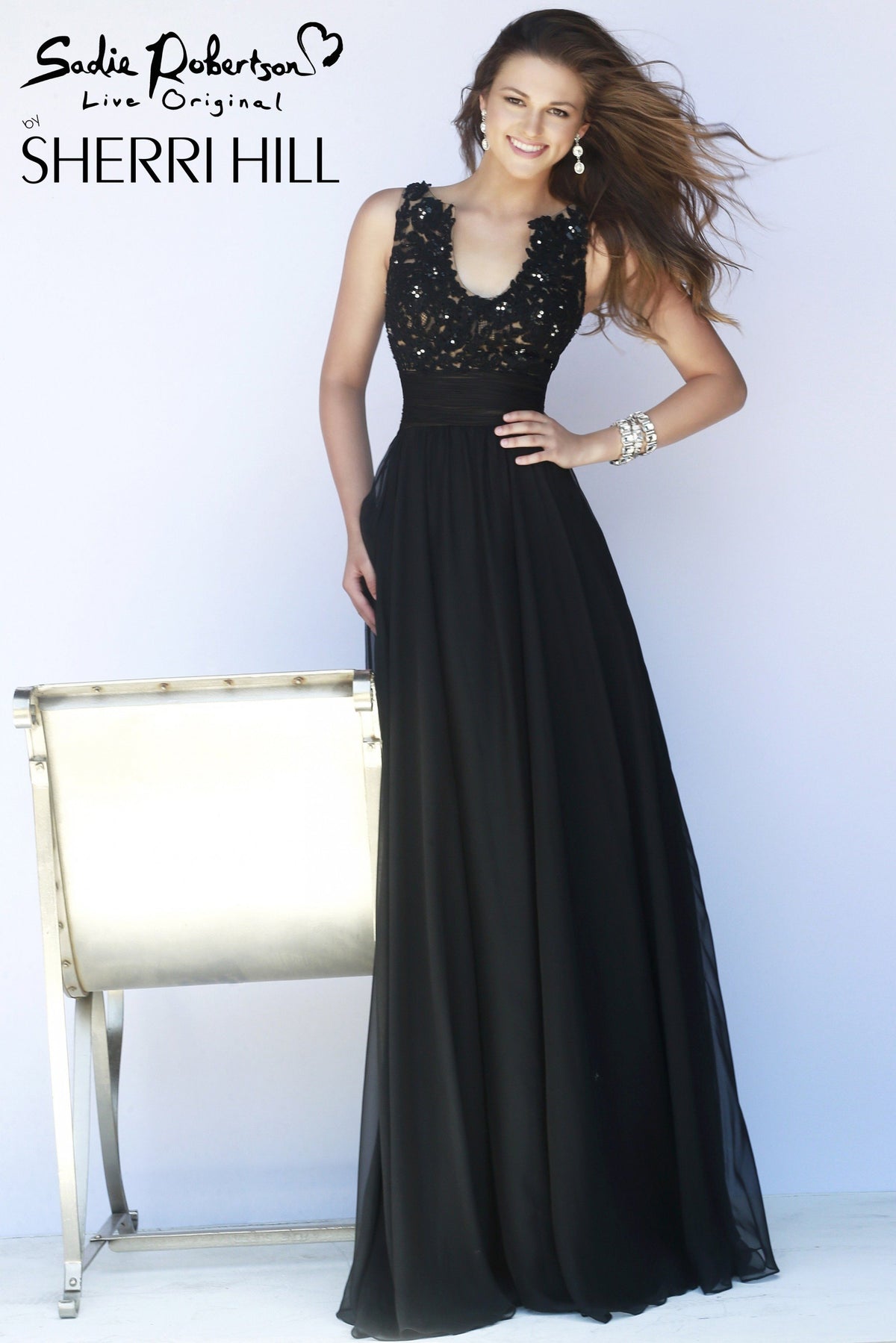 Sherri Hill 32011 lace bodice chiffon gown in black/nude
