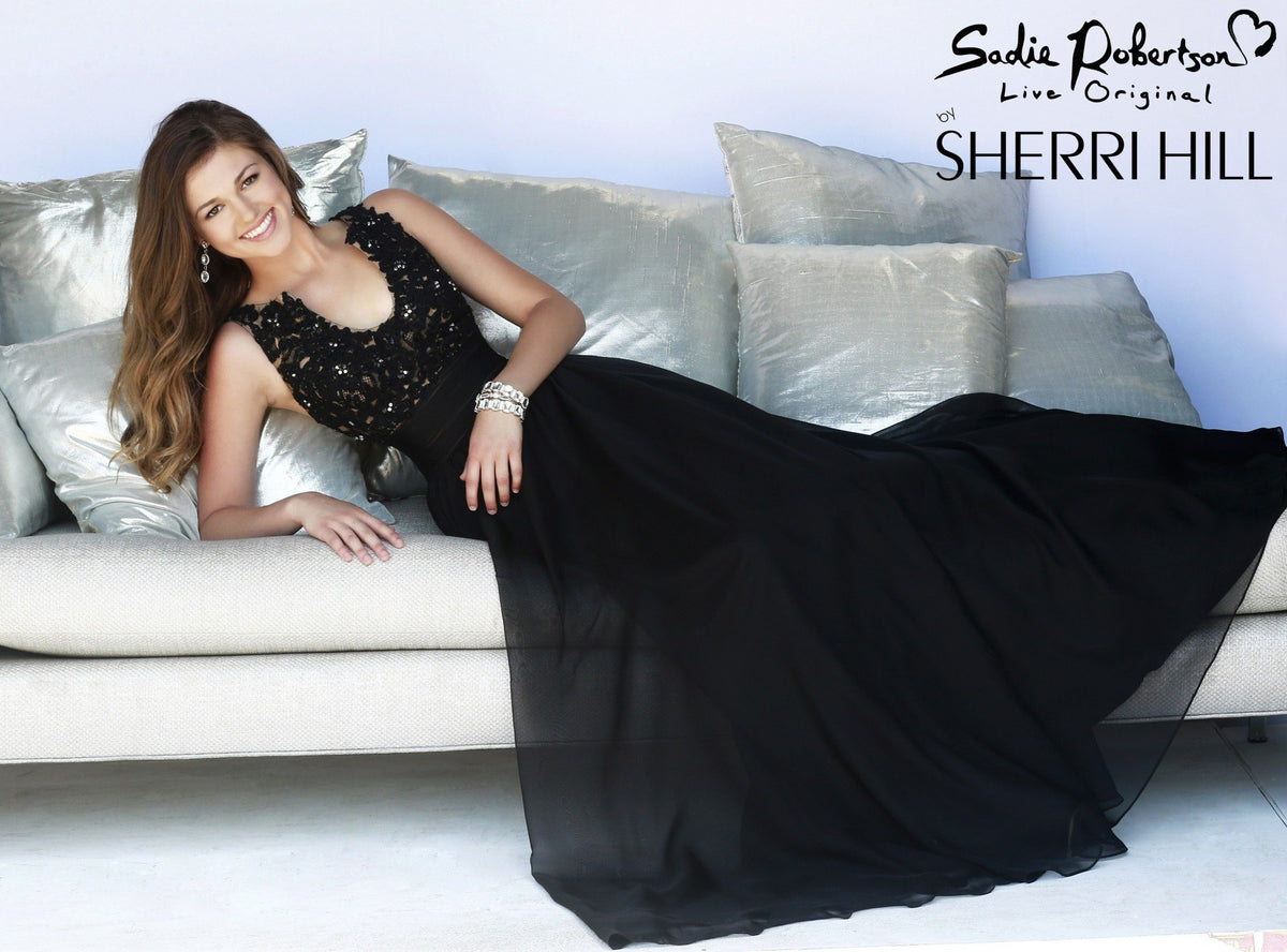 Sherri Hill 32011 lace bodice chiffon gown in black/nude