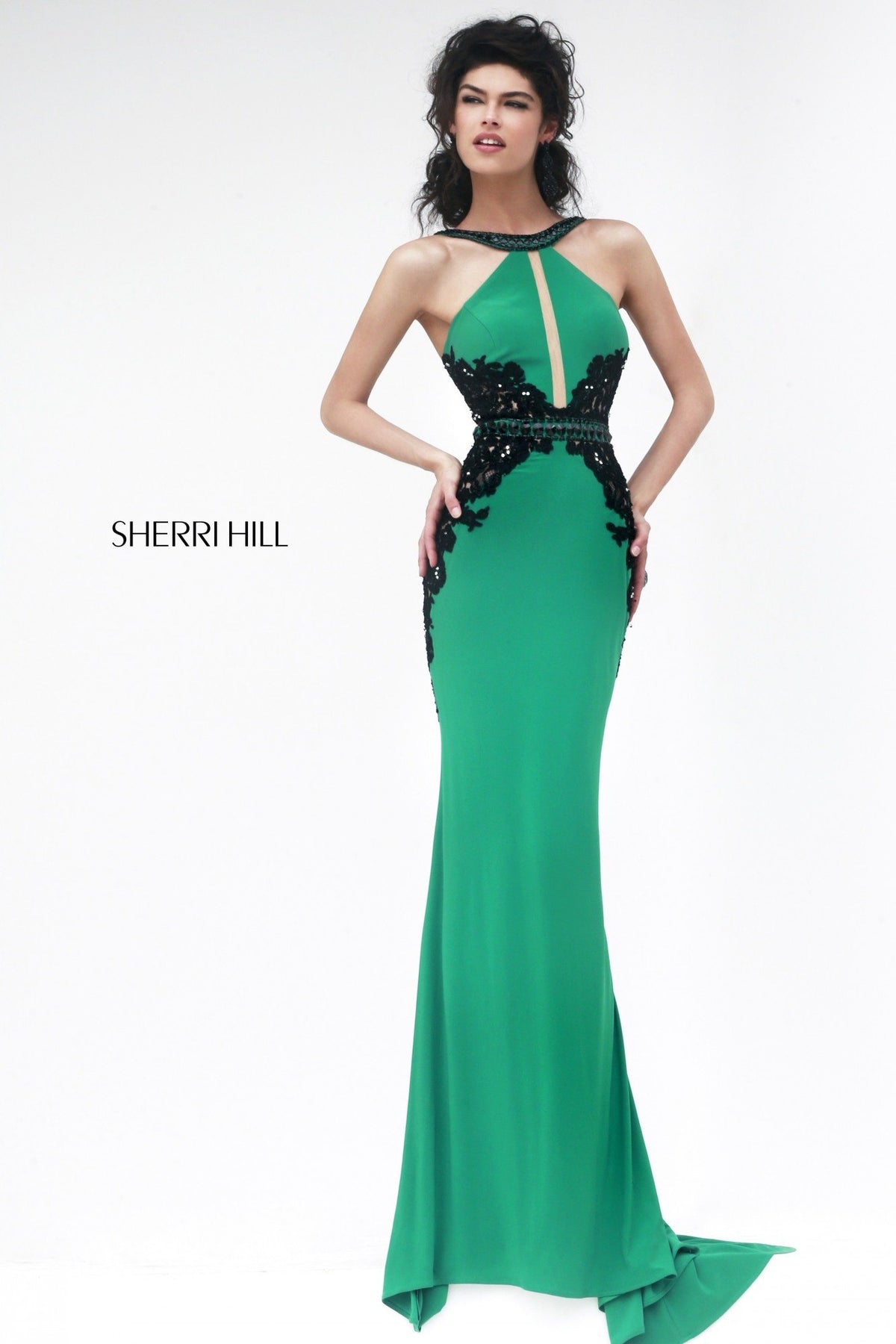 Sherri Hill 32013 halter fitted jersey gown with lace details in emerald/black