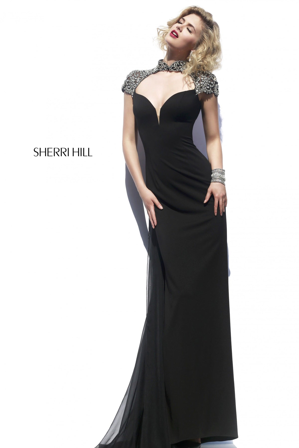 Sherri Hill 32012 cap-sleeve fitted cocktail dress with beaded yoke and cutout in black/silver