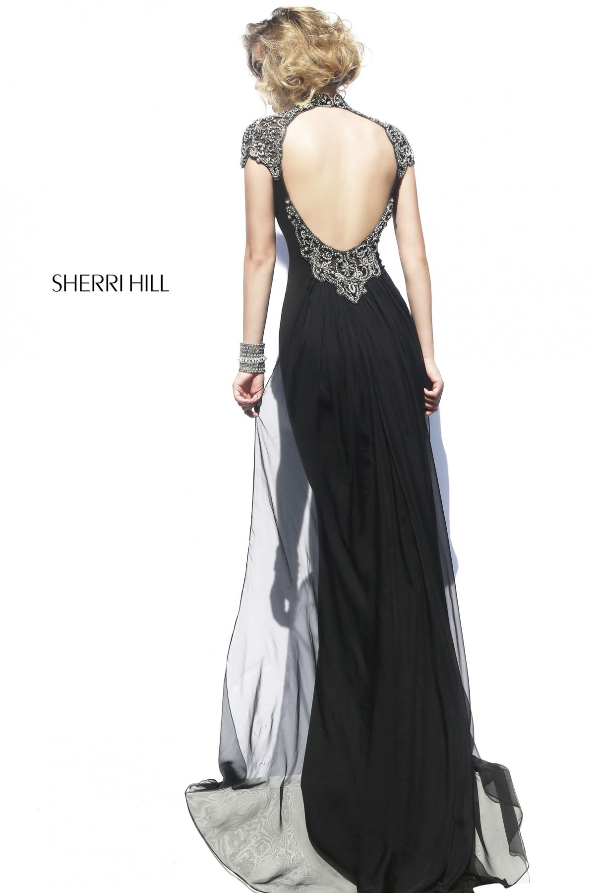 Sherri Hill 32012 cap-sleeve fitted cocktail dress with beaded yoke and cutout in black/silver