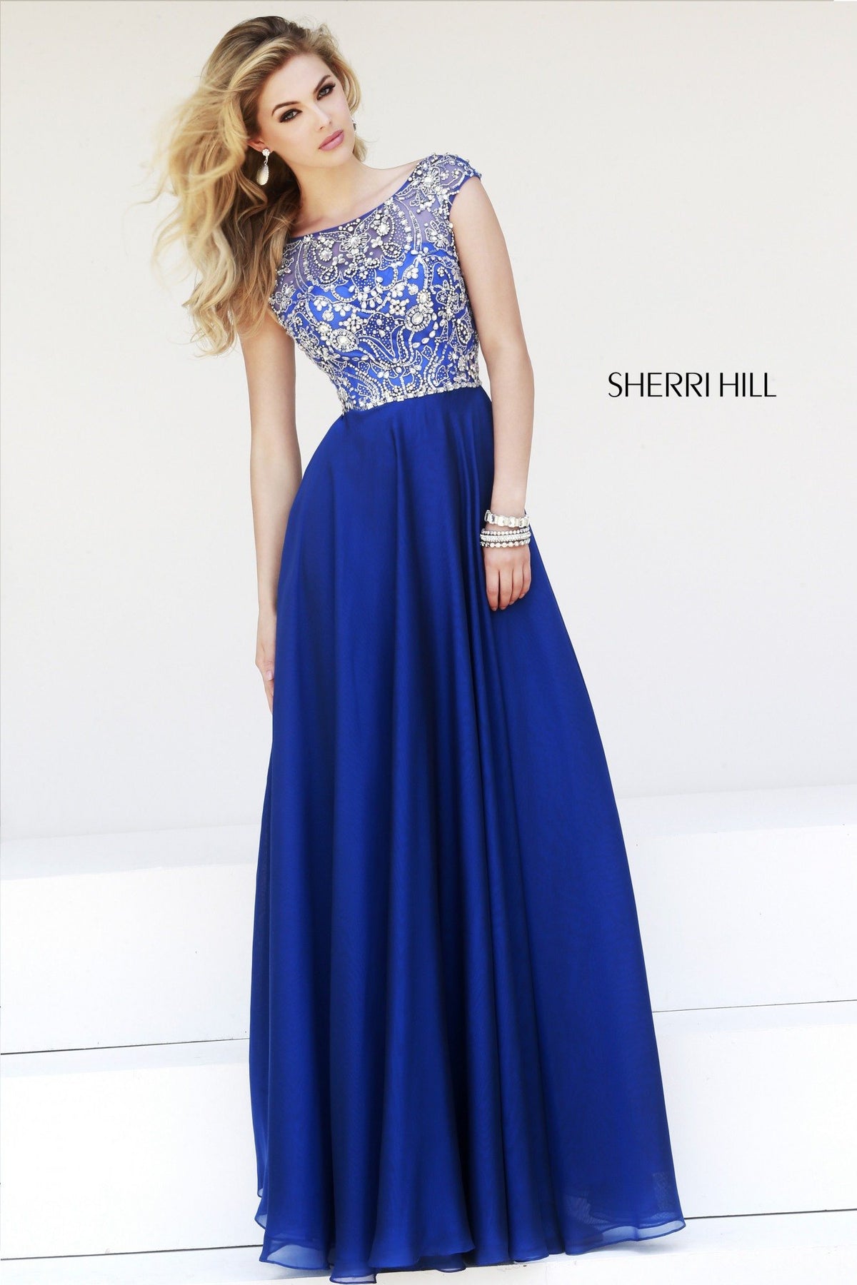 Sherri Hill 32017 cap-sleeve beaded bodice chiffon gown in navy