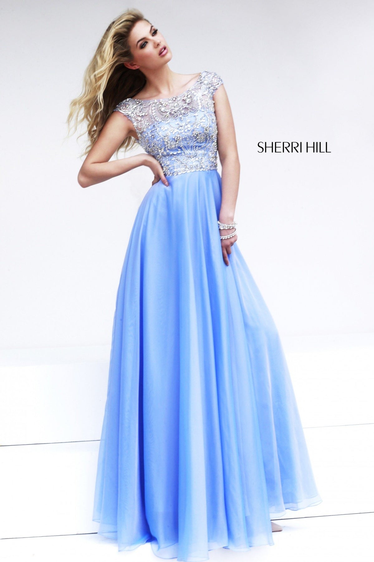 Sherri Hill 32017 cap-sleeve beaded bodice chiffon gown