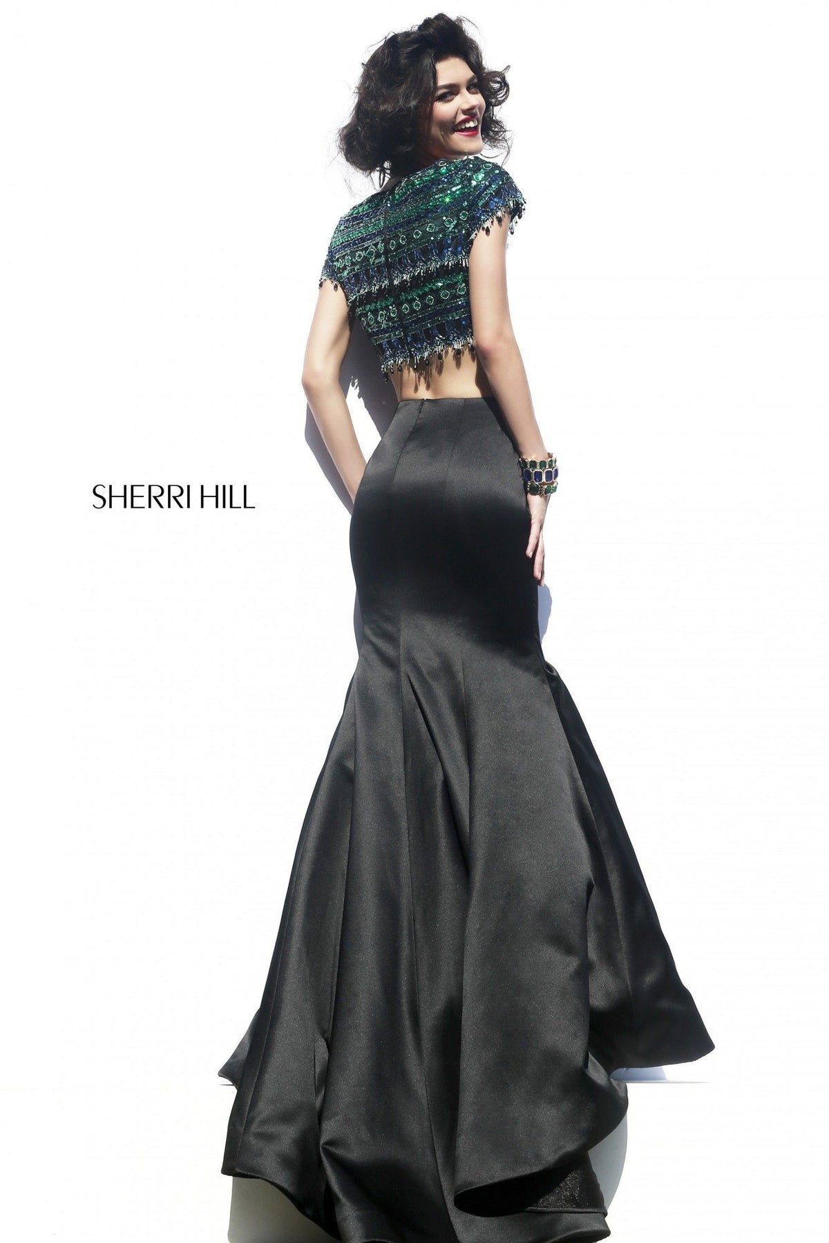 Sherri Hill 32041 two-piece beaded fitted cocktail dress in black/emerald