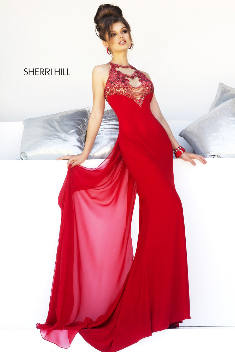 Sherri Hill style 32043 in black/emerald, Halter Jumpsuit with Chiffon Overlay