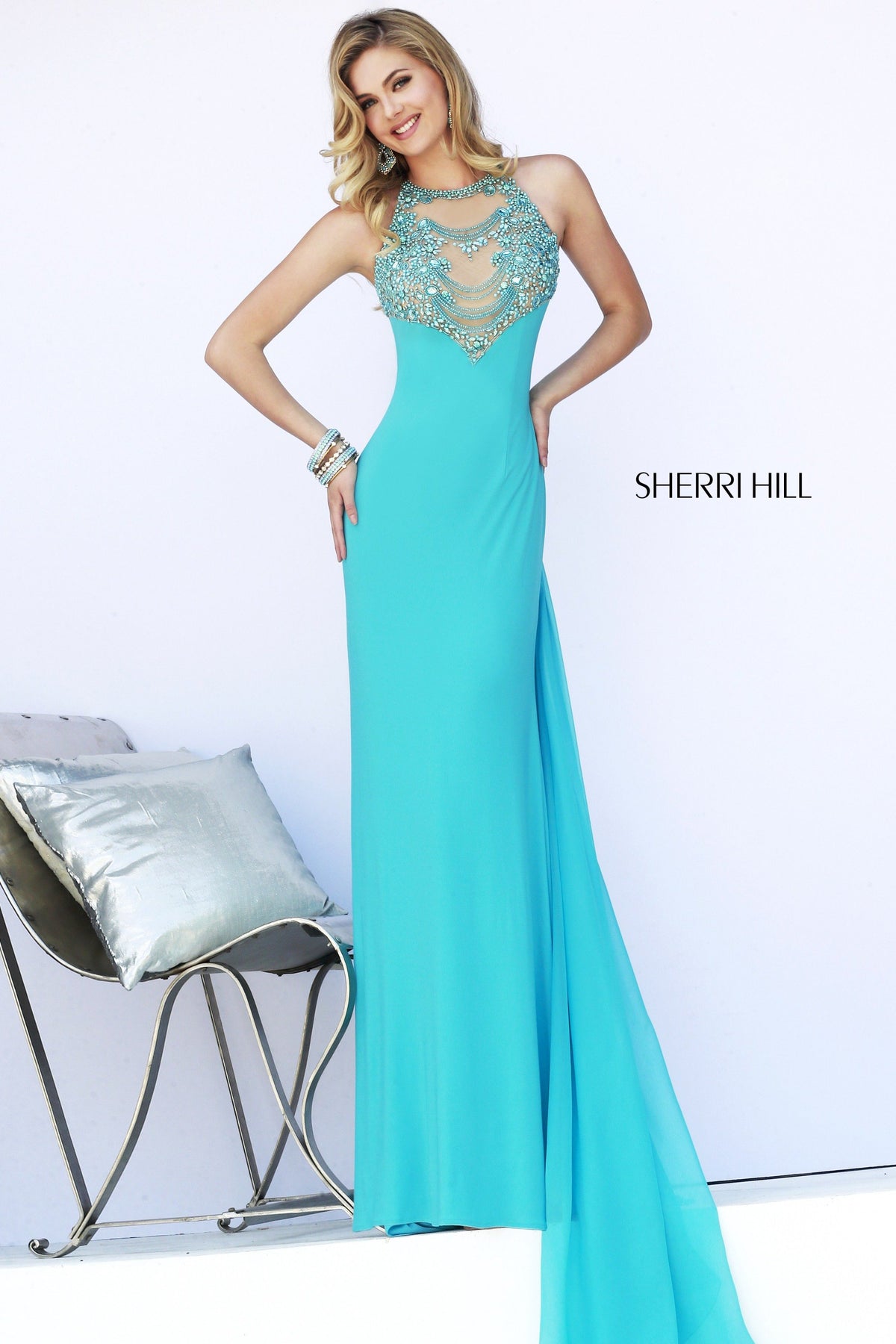 Sherri Hill 32043 halter jumpsuit with chiffon overlay in aqua