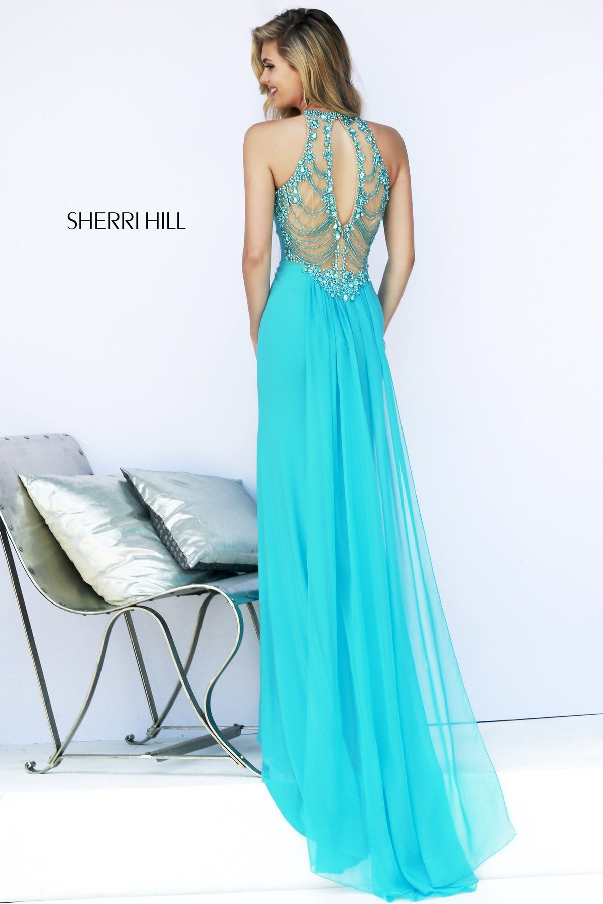 Sherri Hill 32043 halter jumpsuit with chiffon overlay