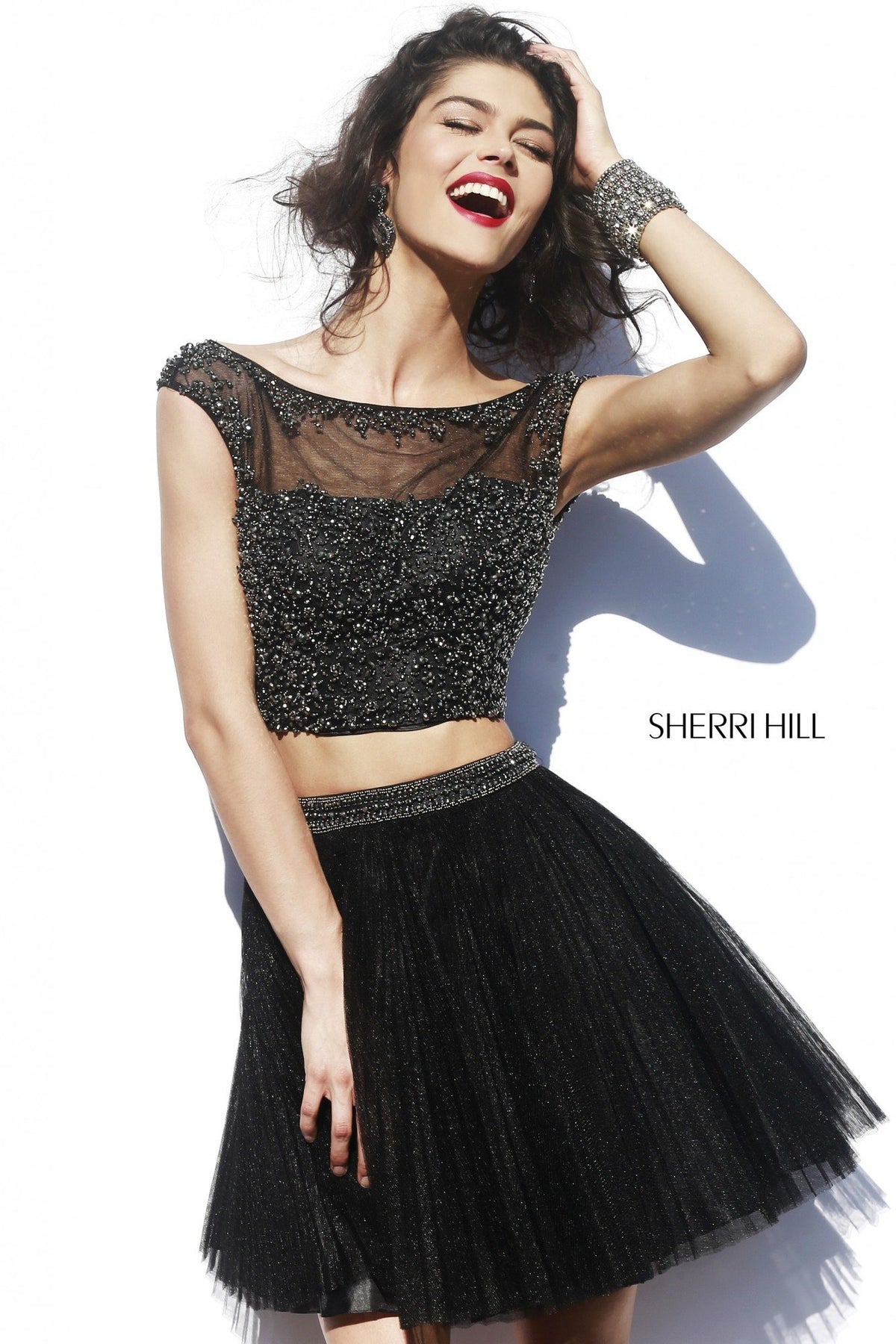 Sherri Hill 32053 two-piece cap-sleeve beaded cocktail dress with tulle skirt in black/gunmetal