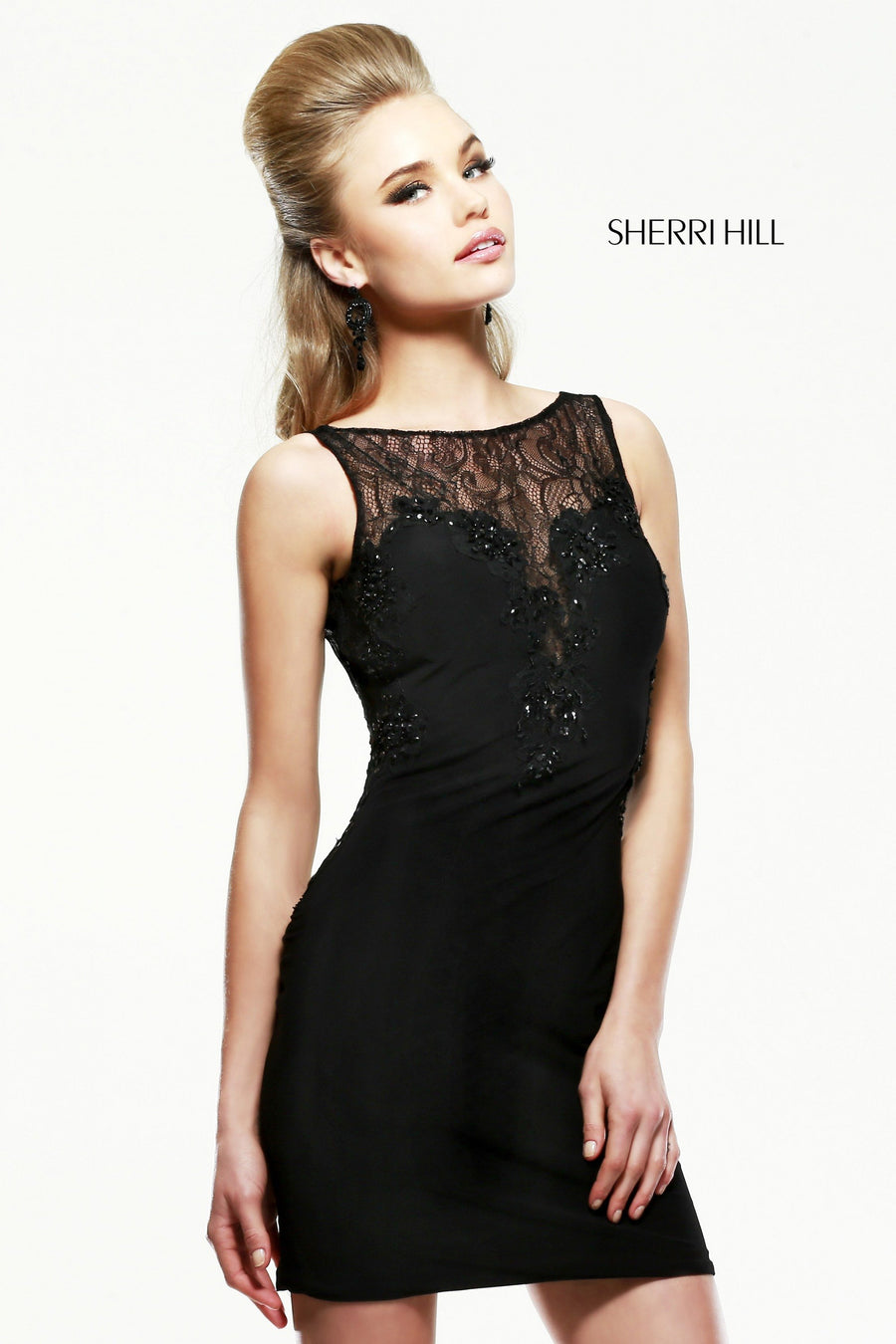 Sherri Hill style 4328 in black, Fitted Cocktail Dress with Sheer Lace Yoke