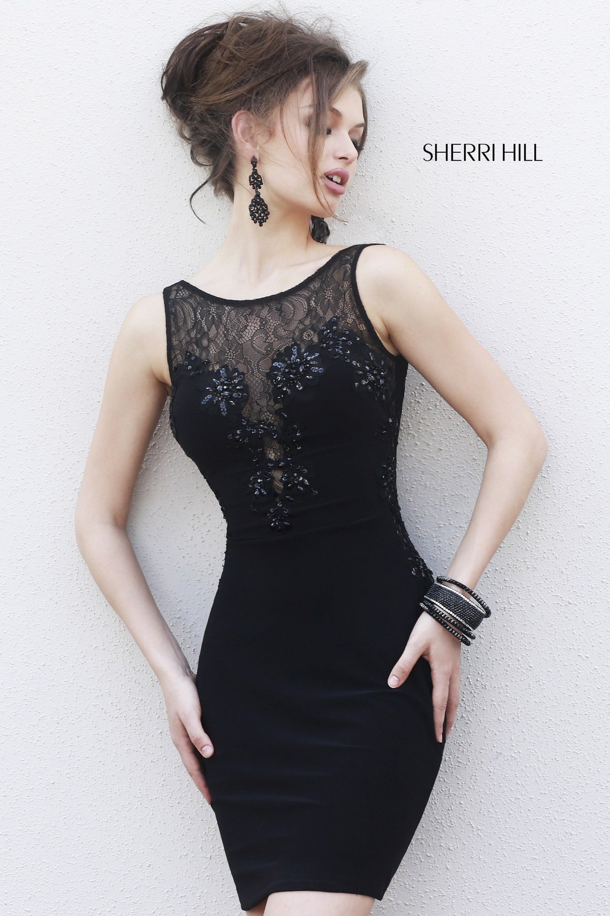 Sherri Hill 4328 fitted cocktail dress with sheer lace yoke