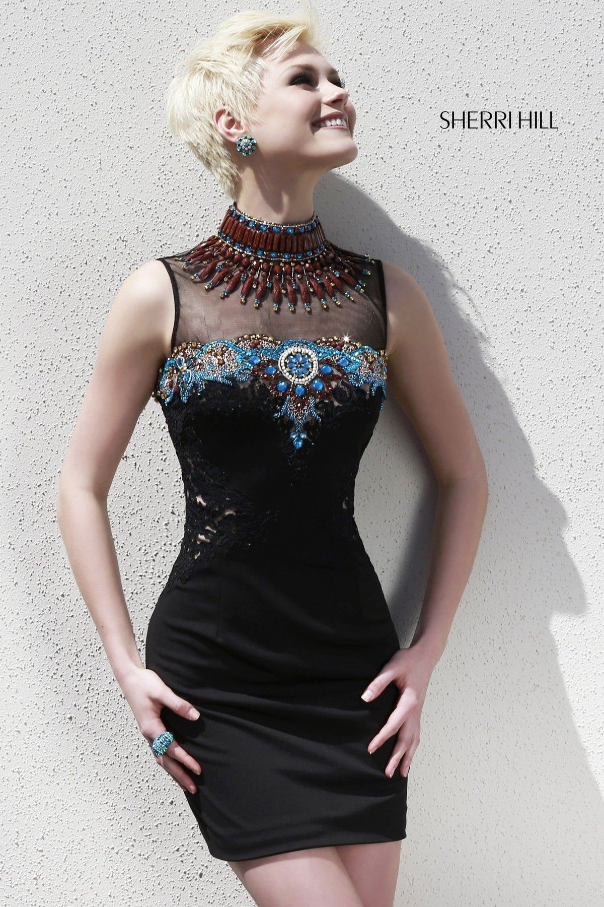 Sherri Hill 32004 high-neck fitted cocktail dress with beaded yoke in black/nude/multi