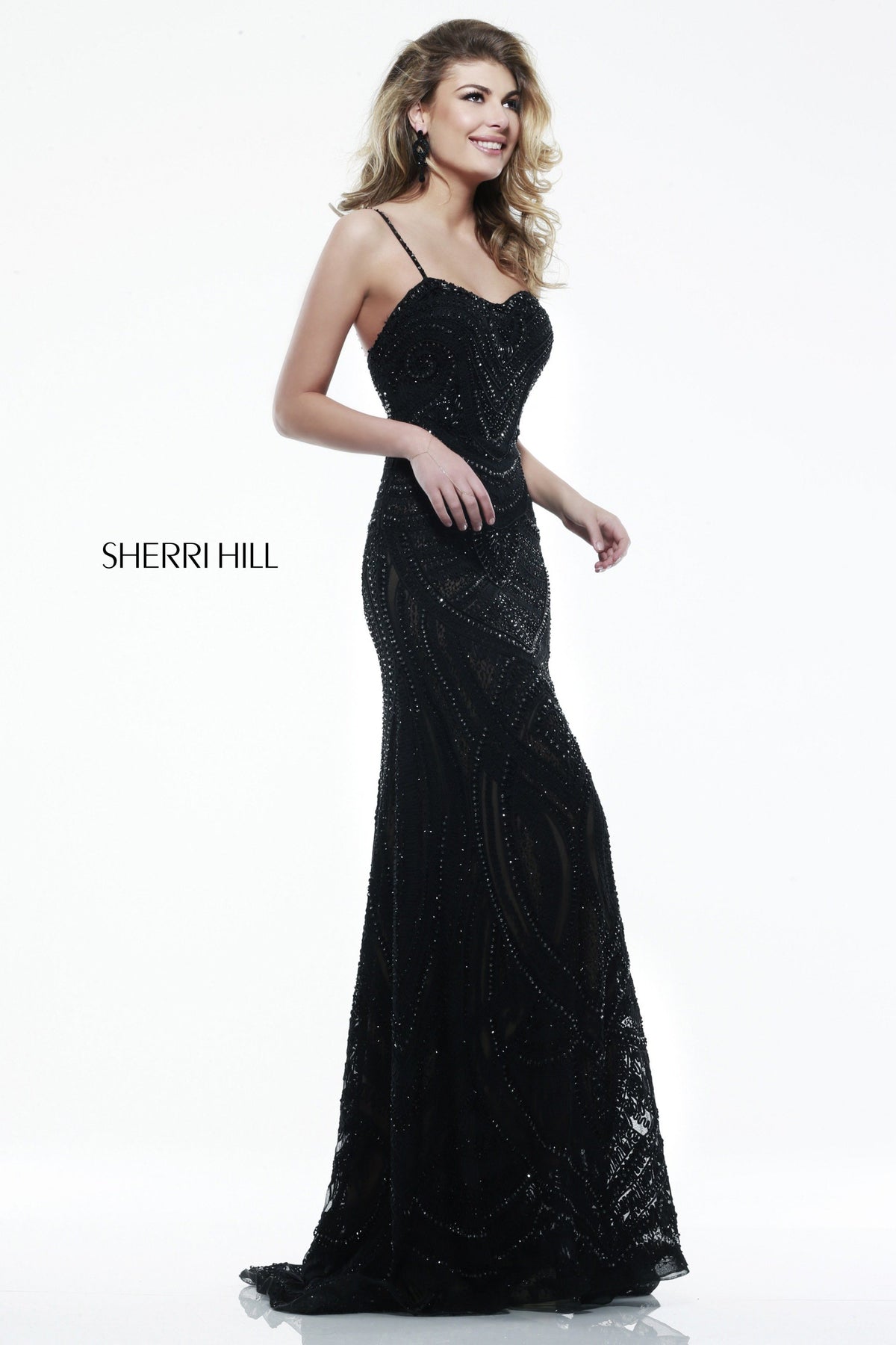Sherri Hill 41006 fitted jersey gown with thin straps in black