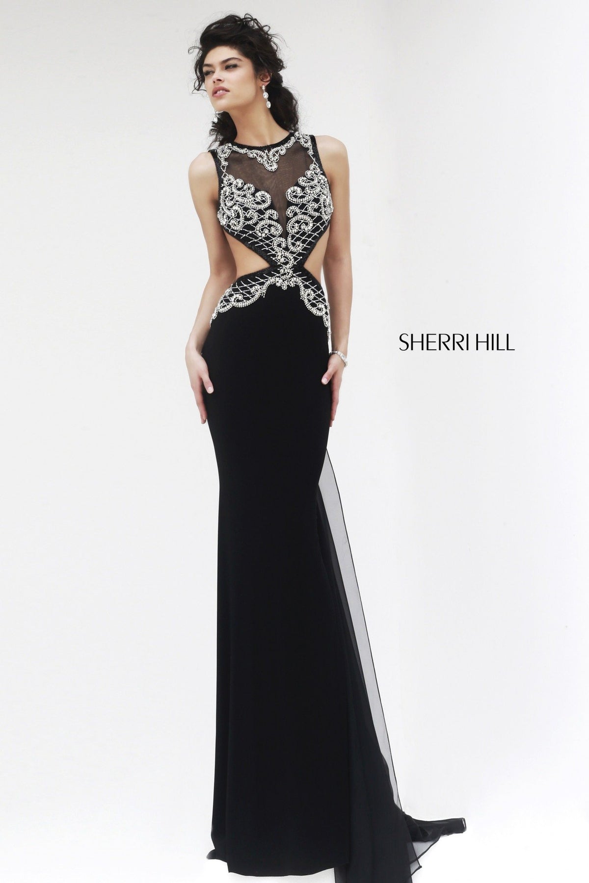 Sherri Hill 11158 fitted jersey gown with beaded bodice and cutouts