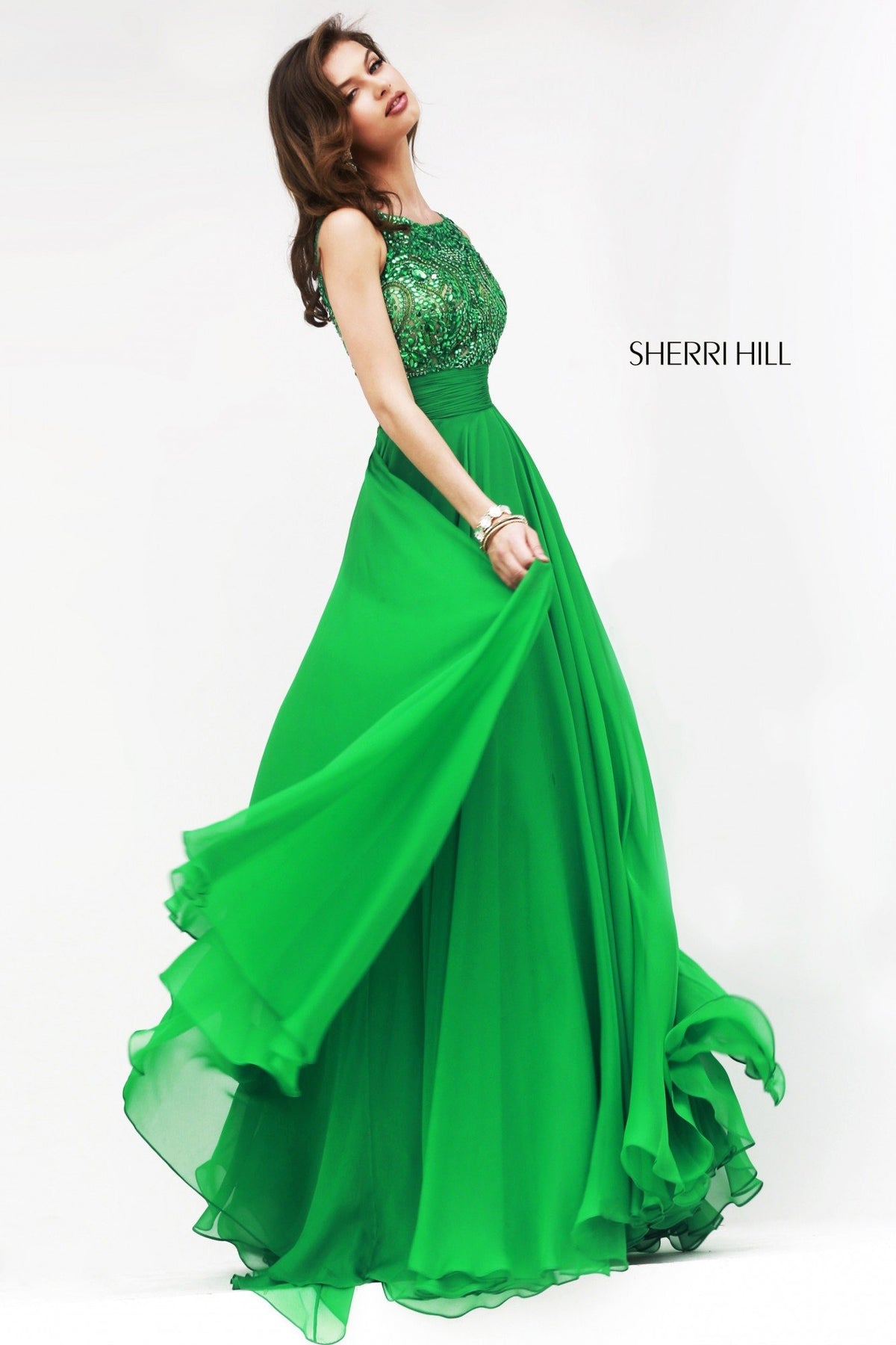 Sherri Hill 11170 cap-sleeve beaded bodice chiffon gown in emerald