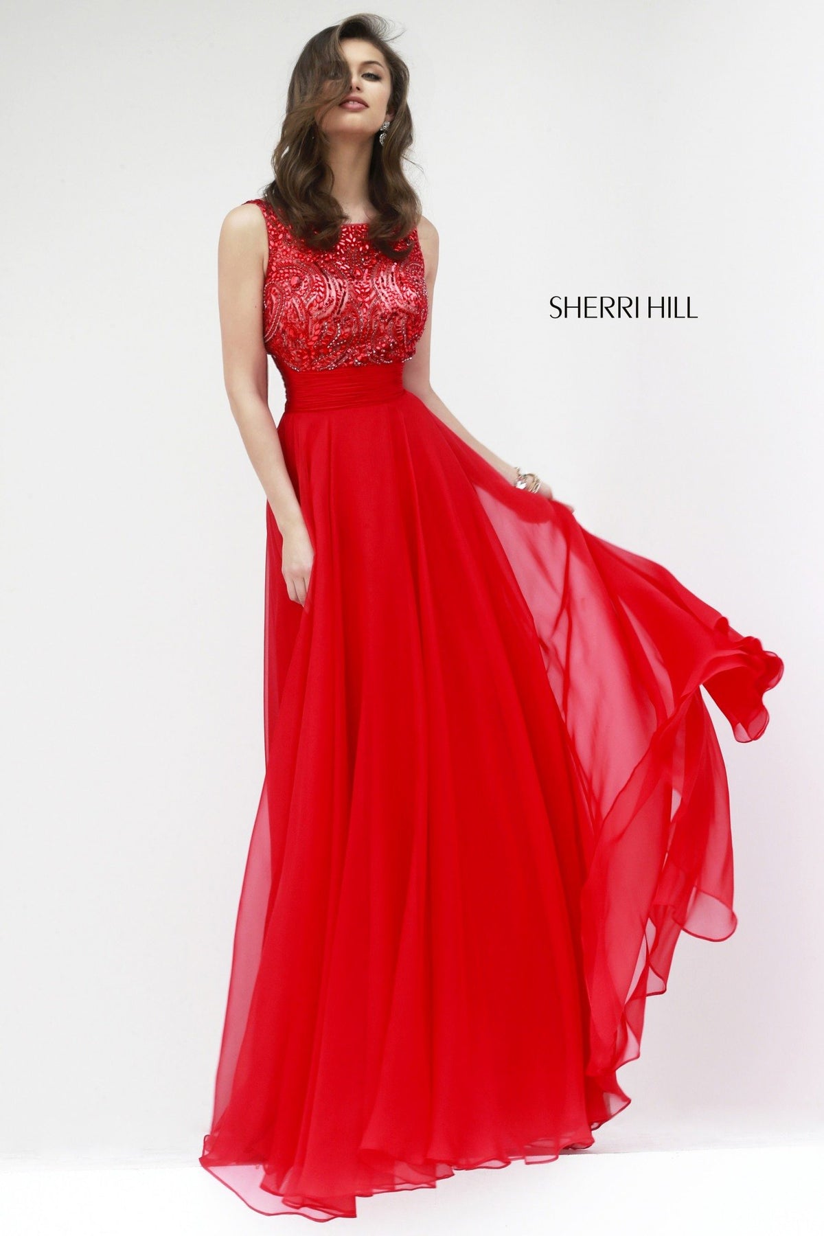 Sherri Hill 11170 cap-sleeve beaded bodice chiffon gown in red