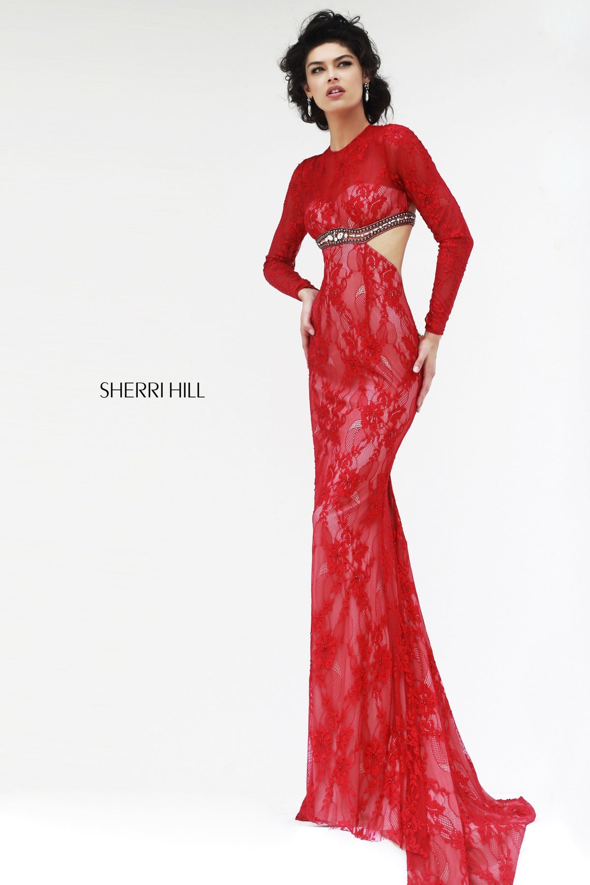 Sherri Hill 32003 long-sleeve lace fitted gown