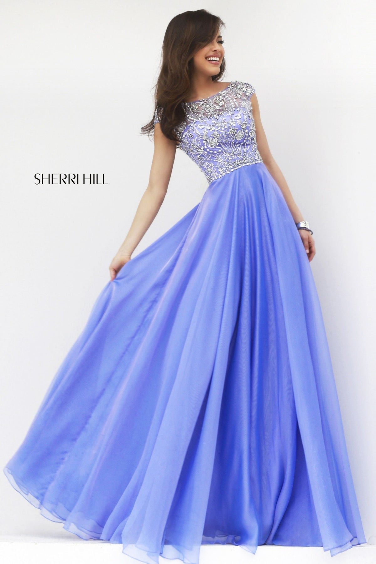 Sherri Hill 32017 cap-sleeve beaded bodice chiffon gown in periwinkle