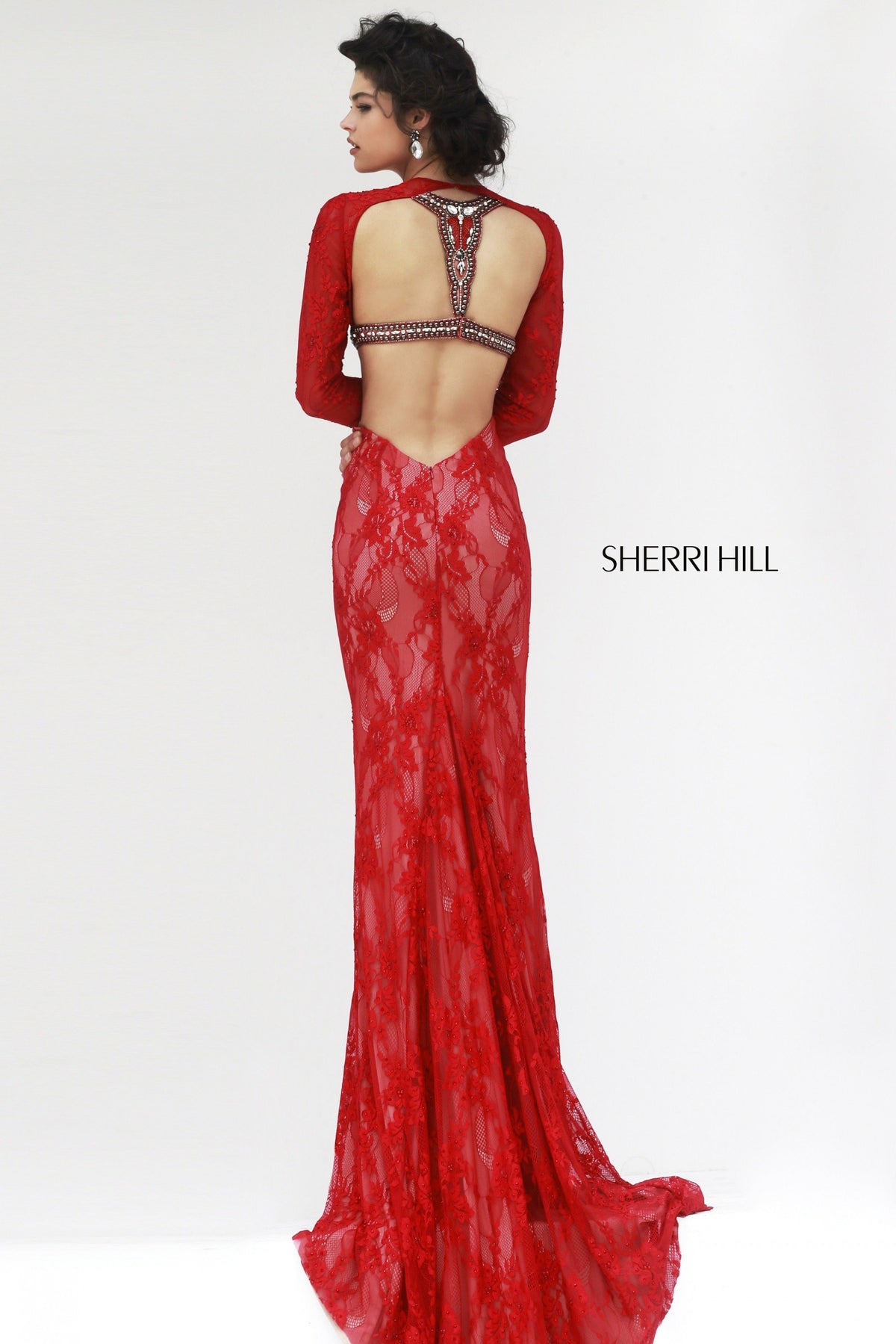 Sherri Hill 32003 long-sleeve lace fitted gown