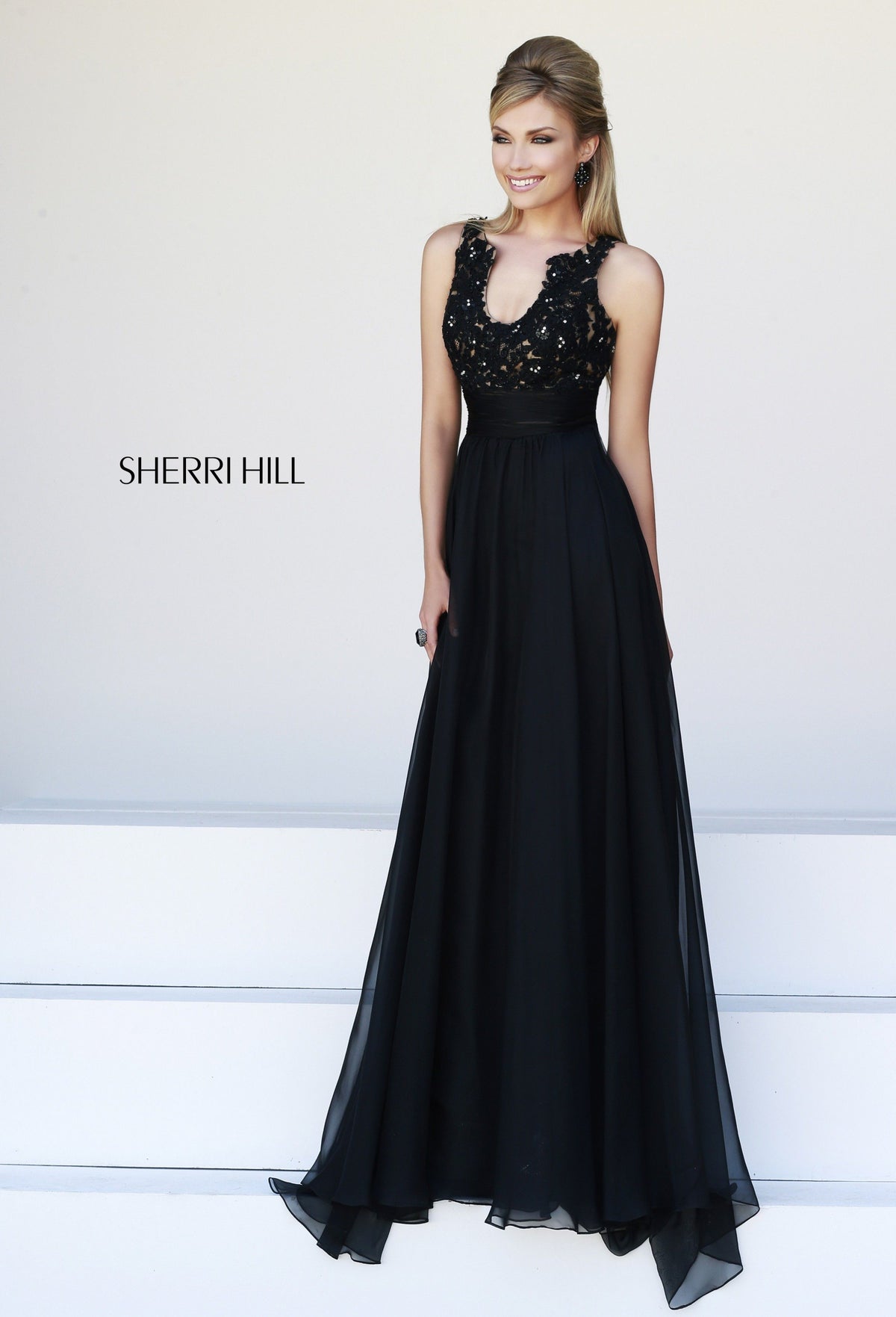 Sherri Hill 32011 lace bodice chiffon gown in black/nude