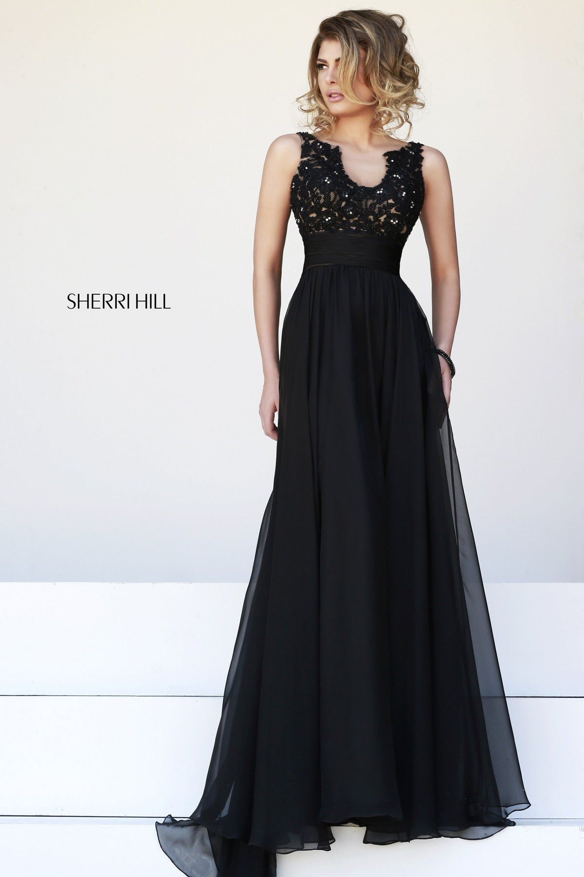 Sherri Hill 32011 lace bodice chiffon gown in black/nude