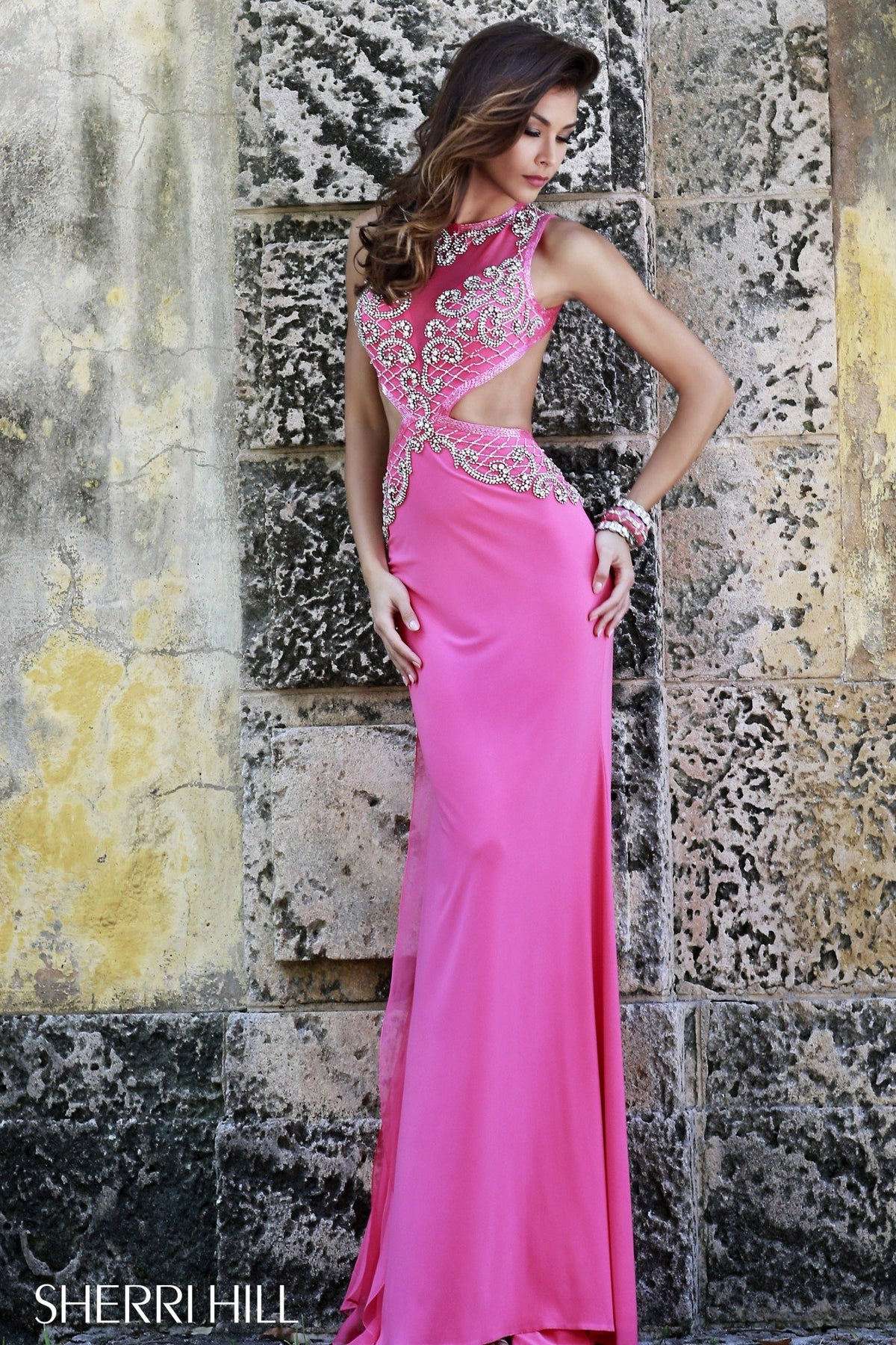Sherri Hill 11158 fitted jersey gown with beaded bodice and cutouts