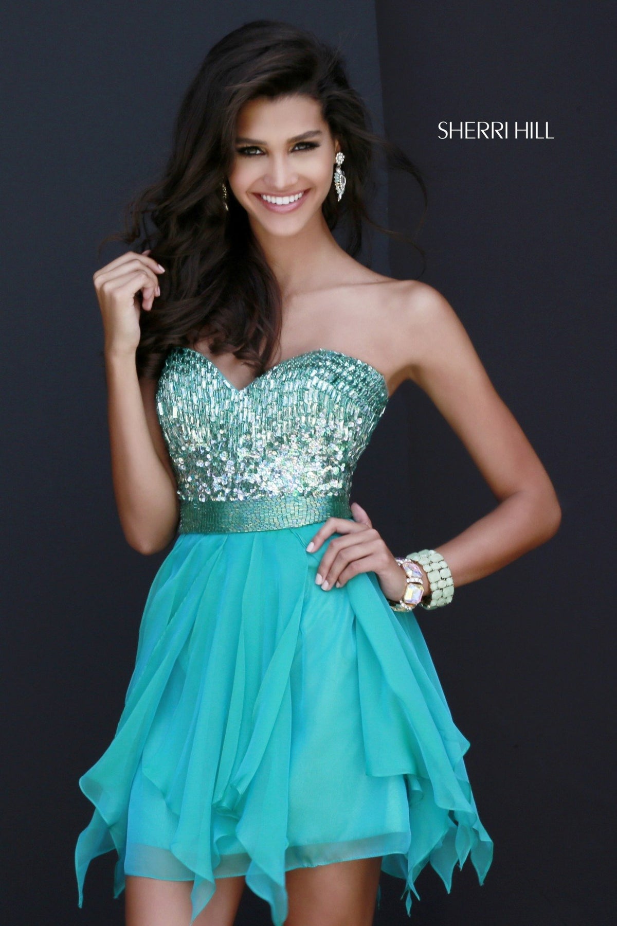 Sherri Hill 1934 strapless beaded cocktail dress with handkerchief skirt