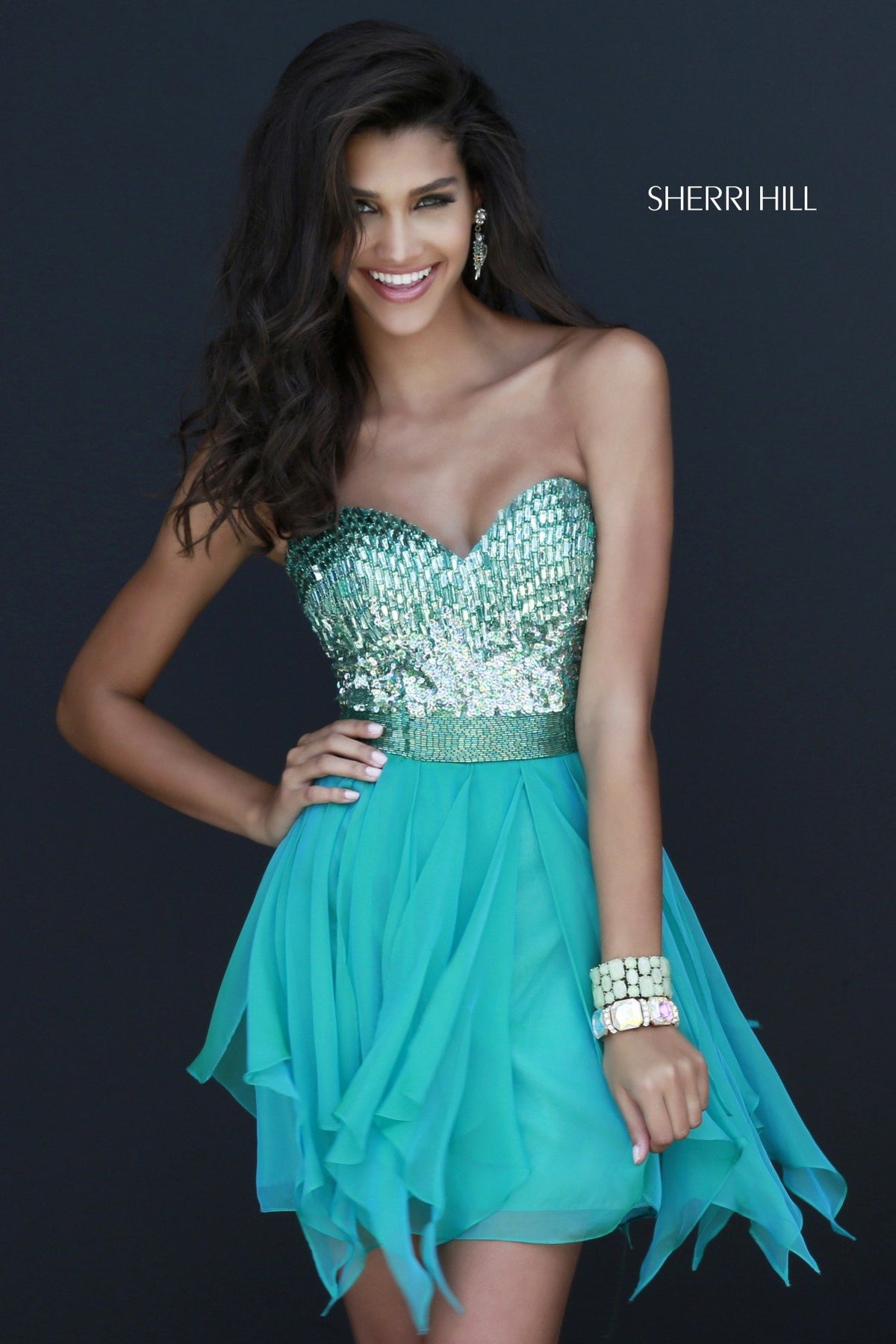 Sherri Hill 1934 strapless beaded cocktail dress with handkerchief skirt in jade