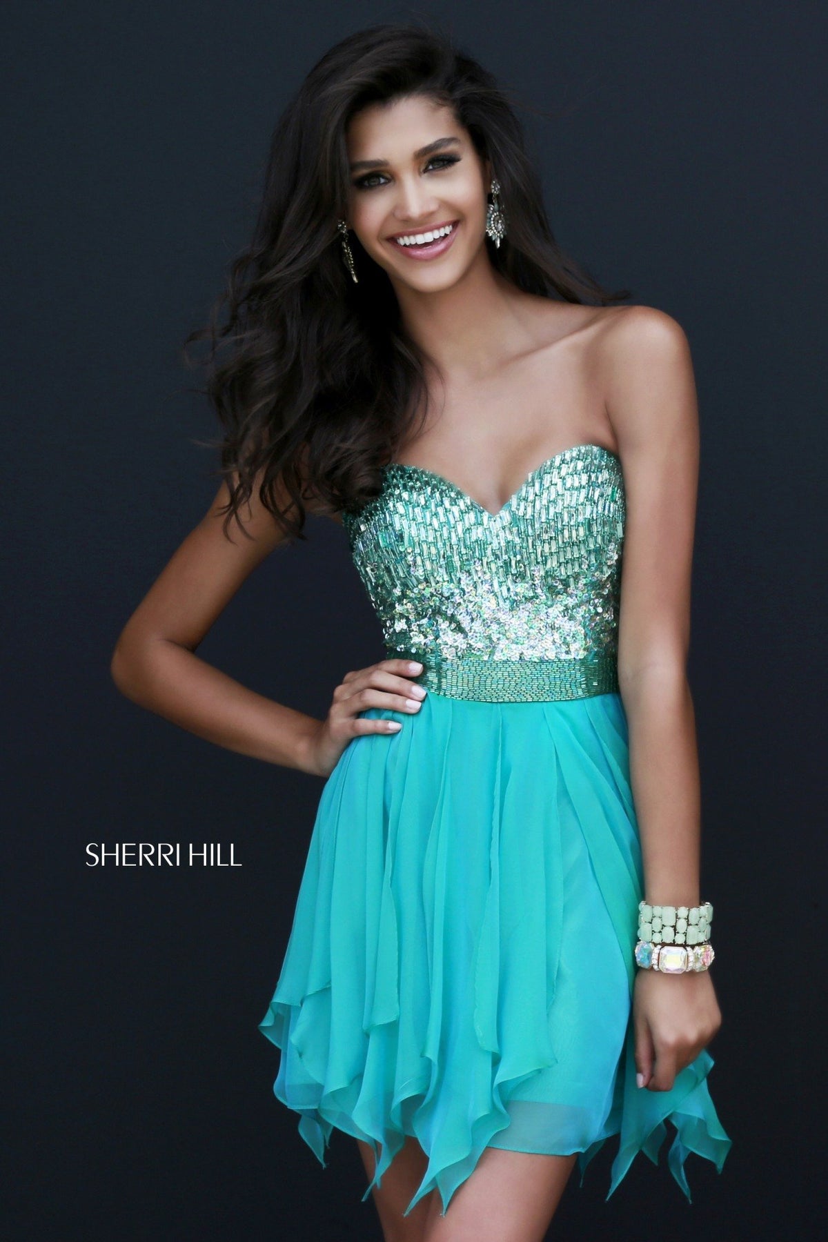 Sherri Hill 1934 strapless beaded cocktail dress with handkerchief skirt
