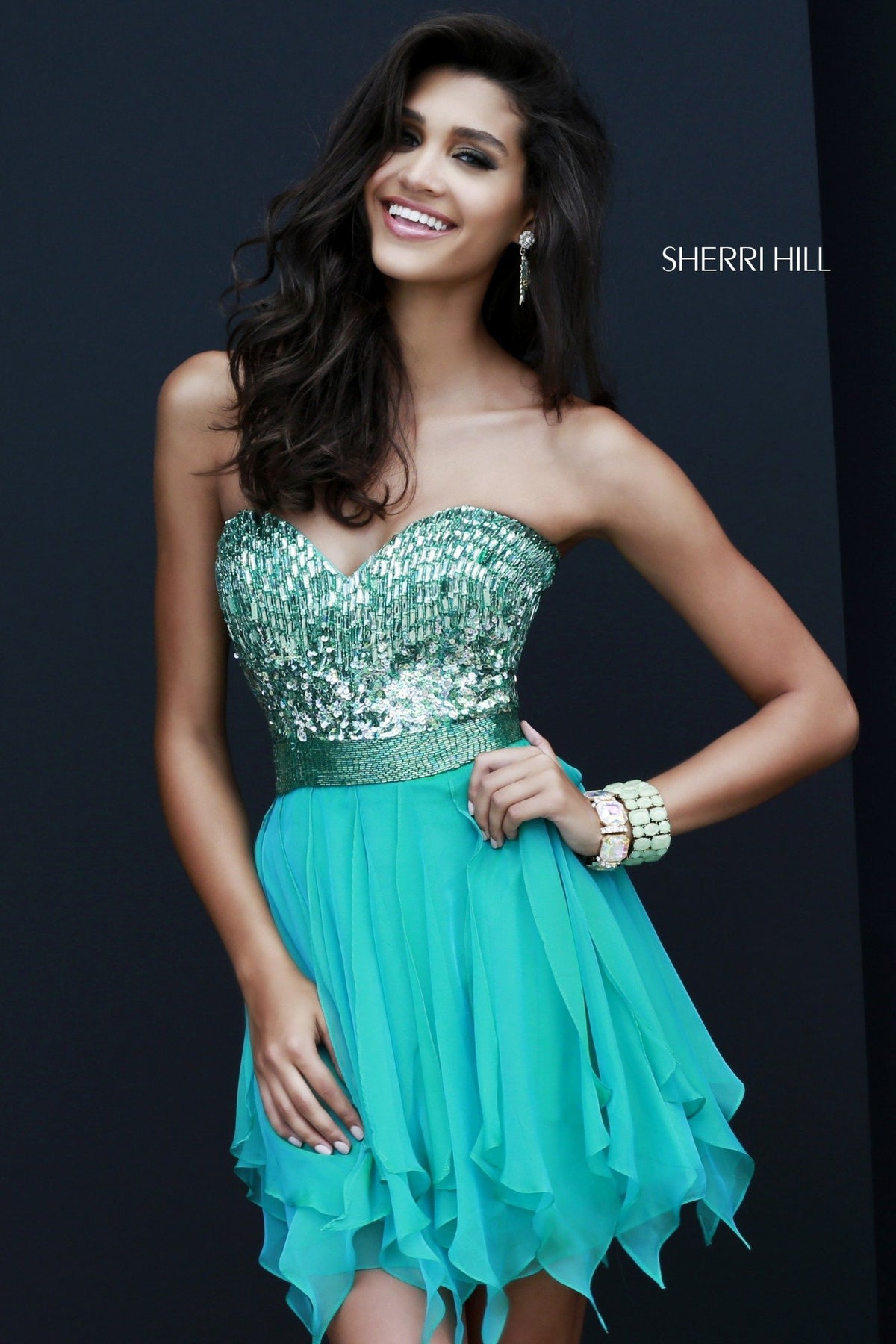 Sherri Hill 1934 strapless beaded cocktail dress with handkerchief skirt