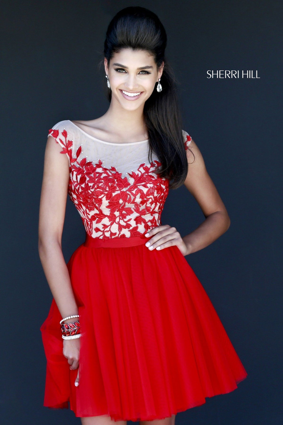Sherri Hill 11171 cap-sleeve beaded bodice tulle cocktail dress in red/nude