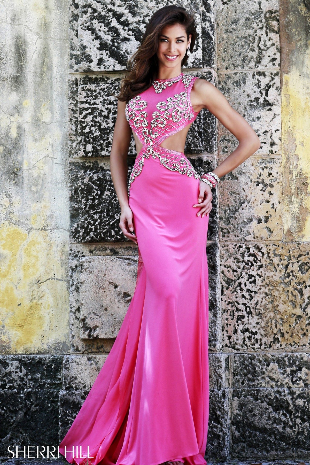 Sherri Hill 11158 fitted jersey gown with beaded bodice and cutouts