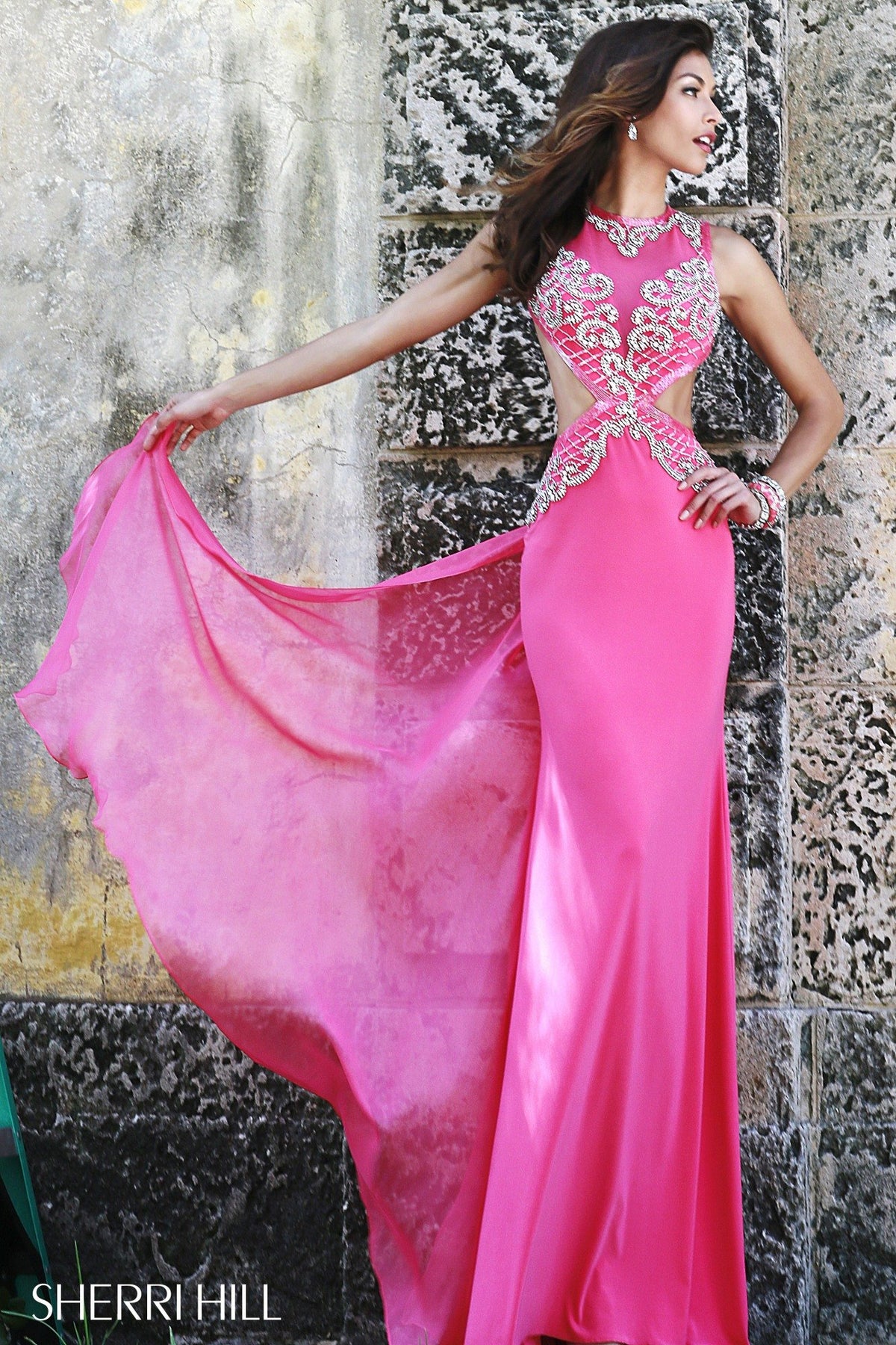 Sherri Hill 11158 fitted jersey gown with beaded bodice and cutouts