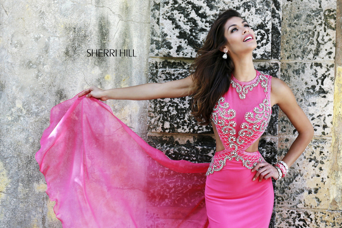 Sherri Hill 11158 fitted jersey gown with beaded bodice and cutouts