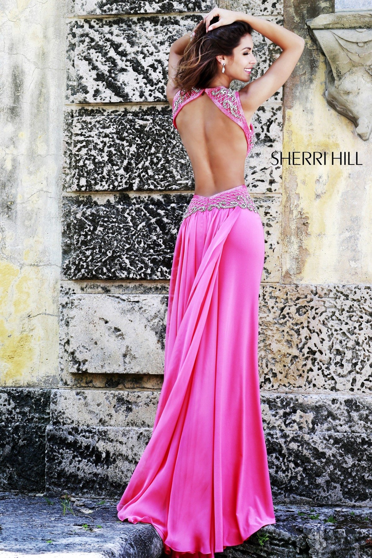 Sherri Hill 11158 fitted jersey gown with beaded bodice and cutouts