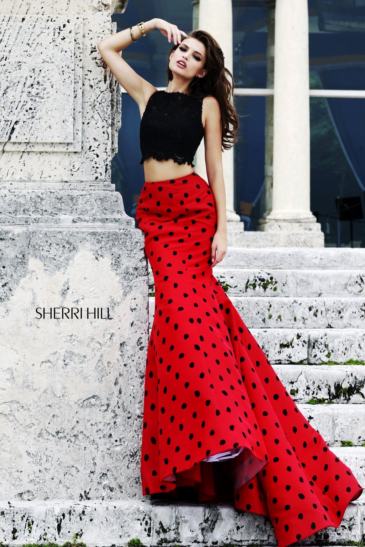 Sherri Hill 21260 two-piece polka dot mermaid gown in black/red