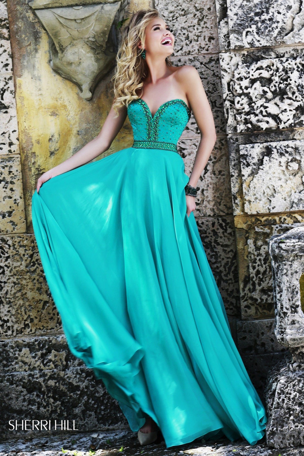 Sherri Hill 32071 strapless beaded bodice satin high-low gown