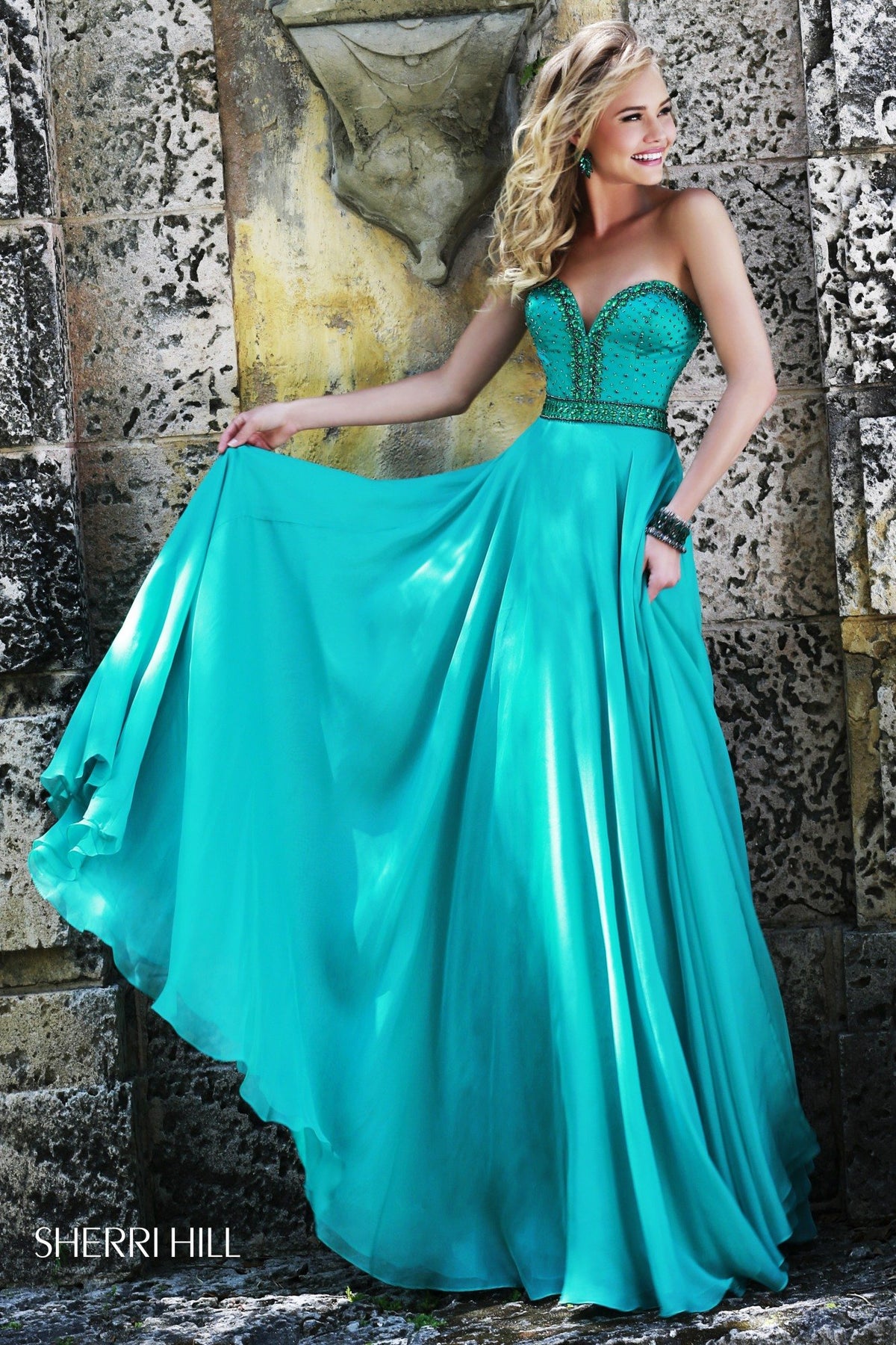 Sherri Hill 32071 strapless beaded bodice satin high-low gown in emerald