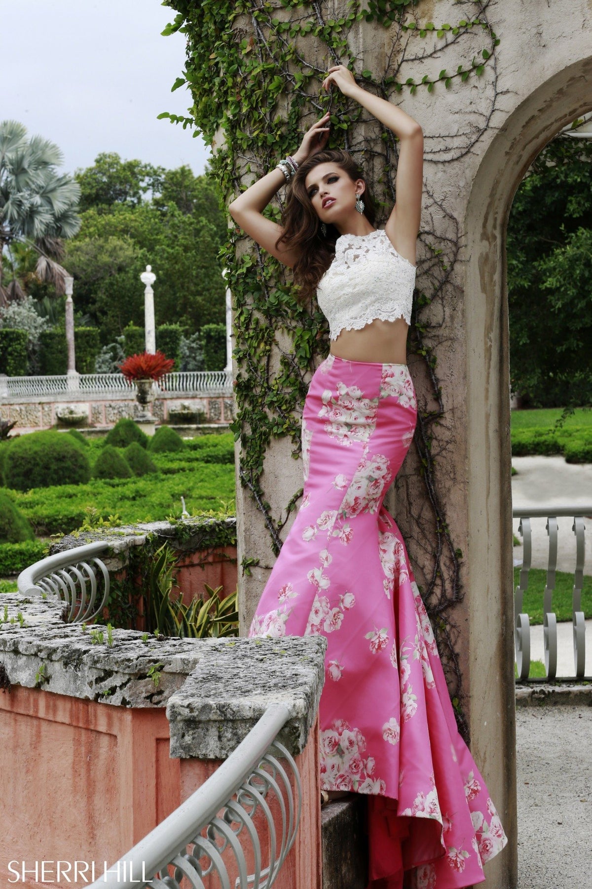 Sherri Hill 32073 two-piece print high-low gown in ivory/pink print