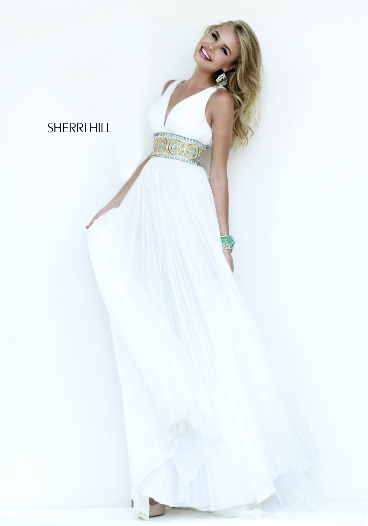 Sherri Hill 11189 V-neck chiffon gown with beaded waist in ivory