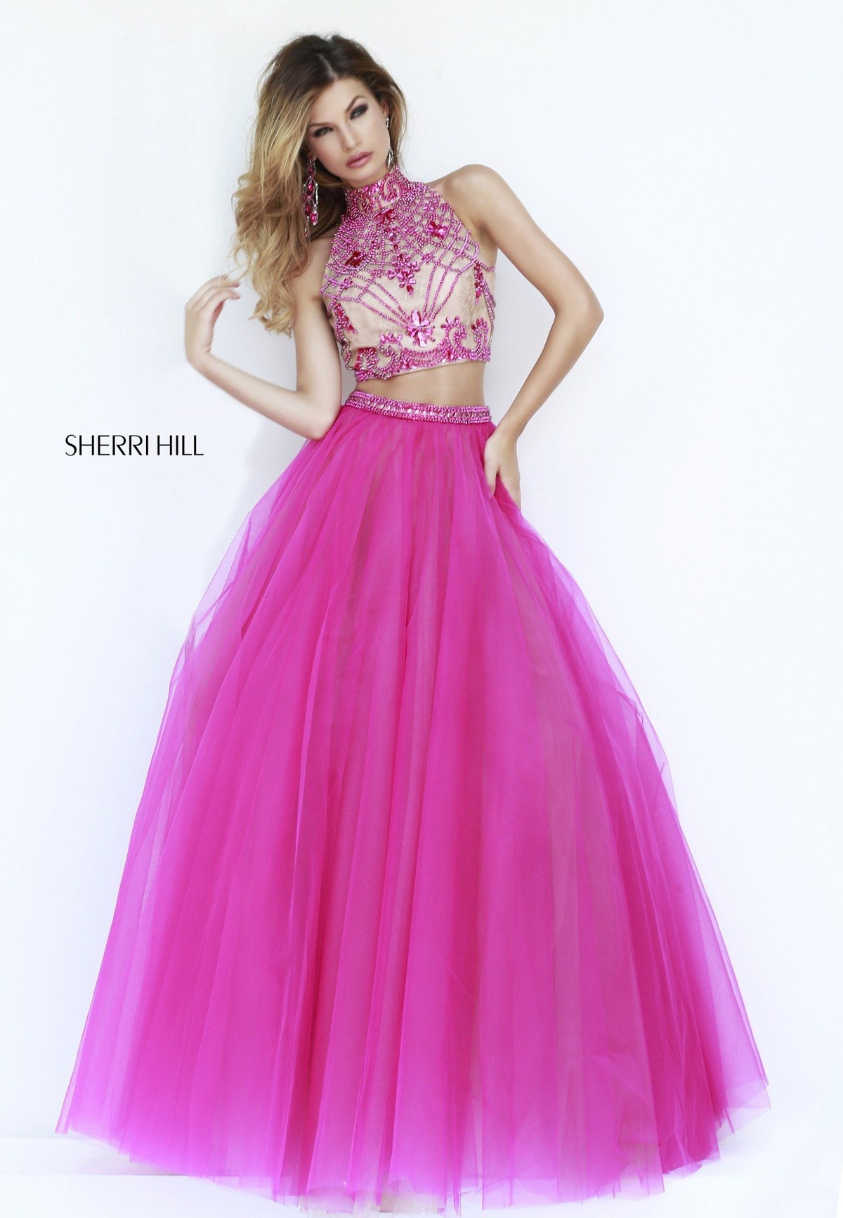 Sherri Hill 11211 two-piece beaded tulle gown in fuchsia