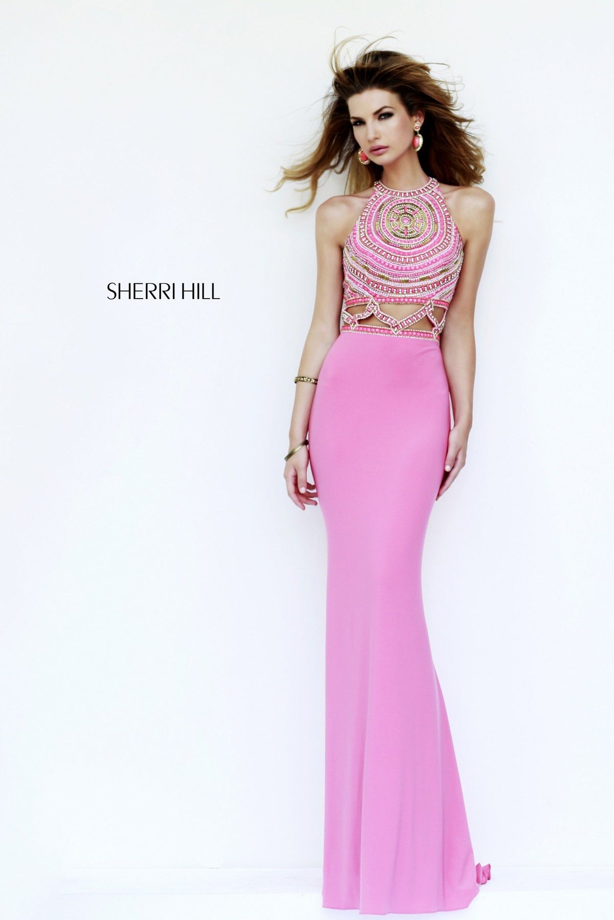 Sherri Hill 11208 two-piece beaded halter fitted gown