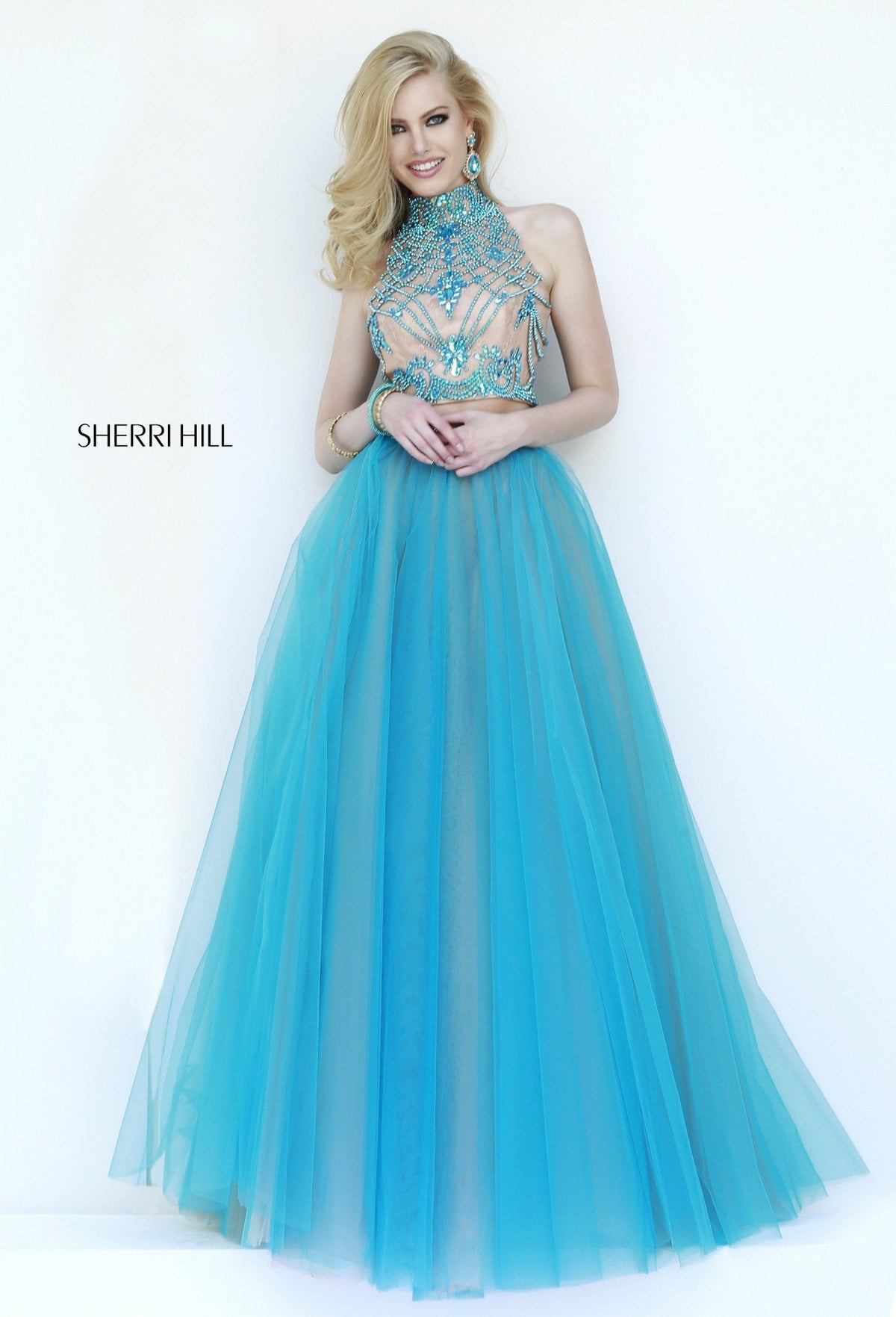 Sherri Hill 11211 two-piece beaded tulle gown in turquoise