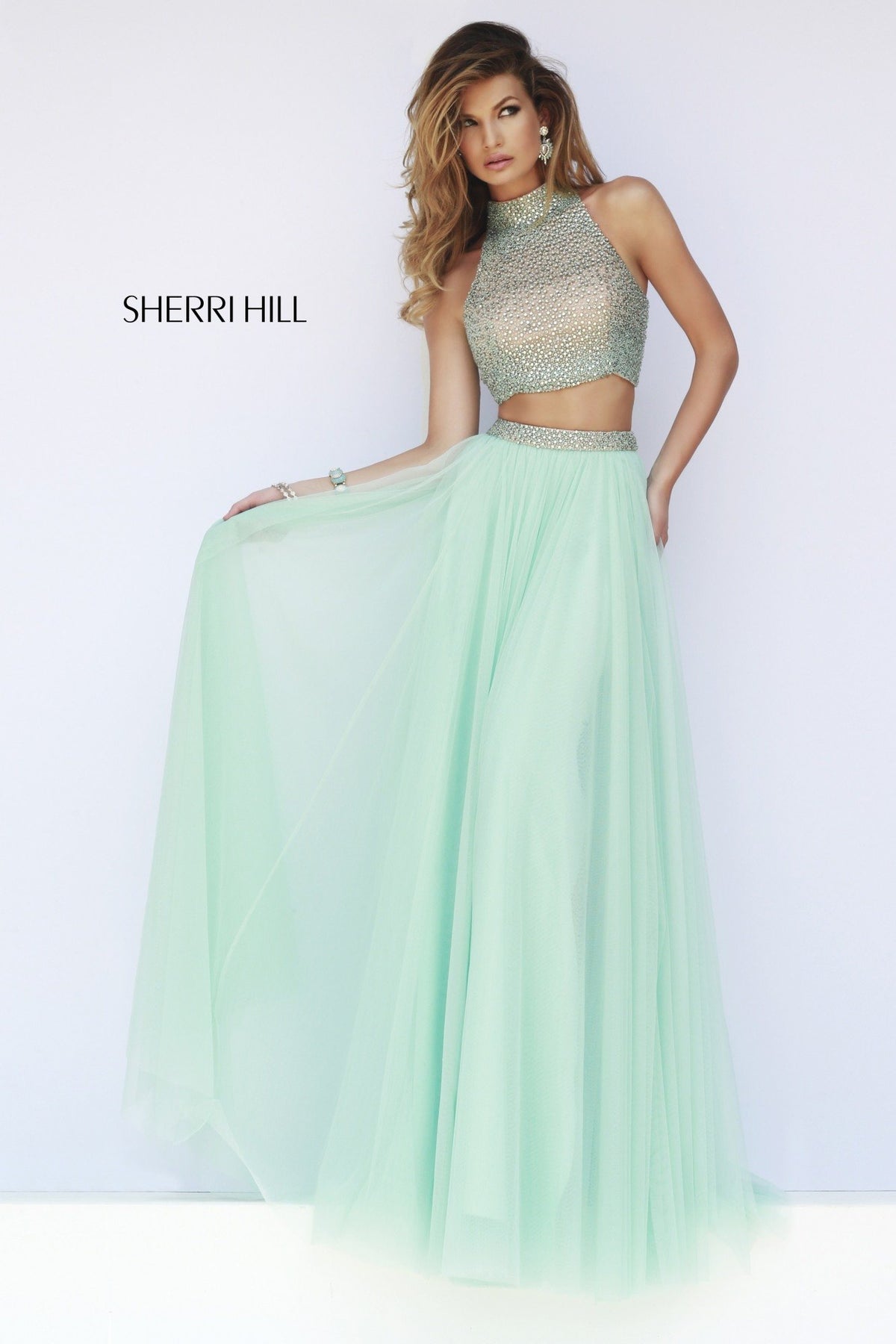 Sherri Hill 11220 two-piece chiffon gown with beaded crop top in mint